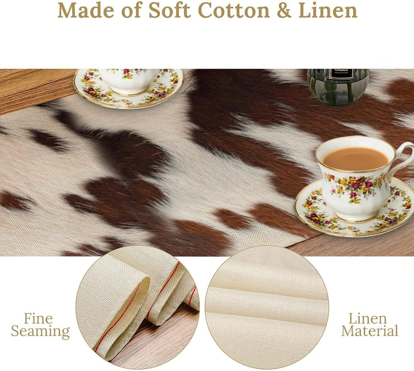 Farmhouse Cow Skin Print Table Runner, Safari Wildlife Brown Country Farm Cowhide Pattern Cotton Linen Rustic Cottage Table Runner for Dinning Home Party Holidays Home Setting, 13x108 Inch