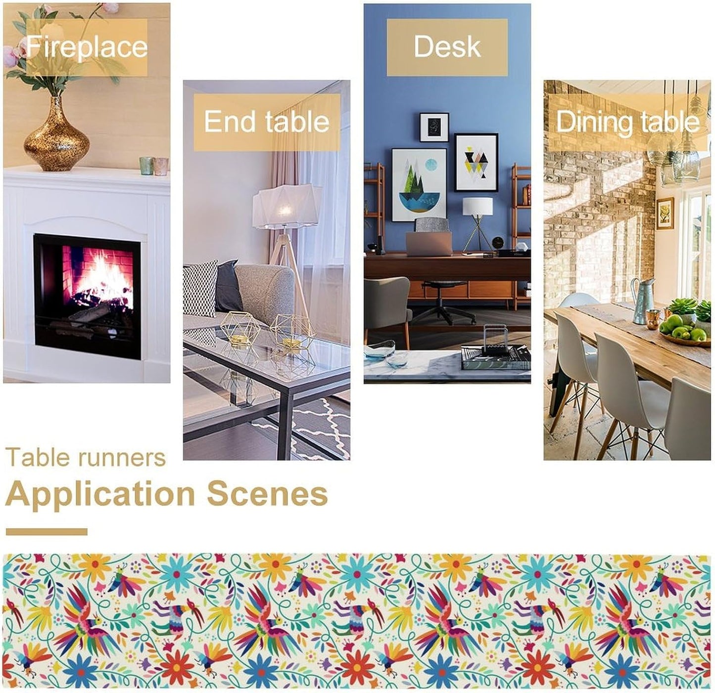 Mexican Table Runner,Boho Colorful Nature Inspired Flowers and Birds Table Cloth Kitchen Dining Table Home Party Decoration 13x72 Inch