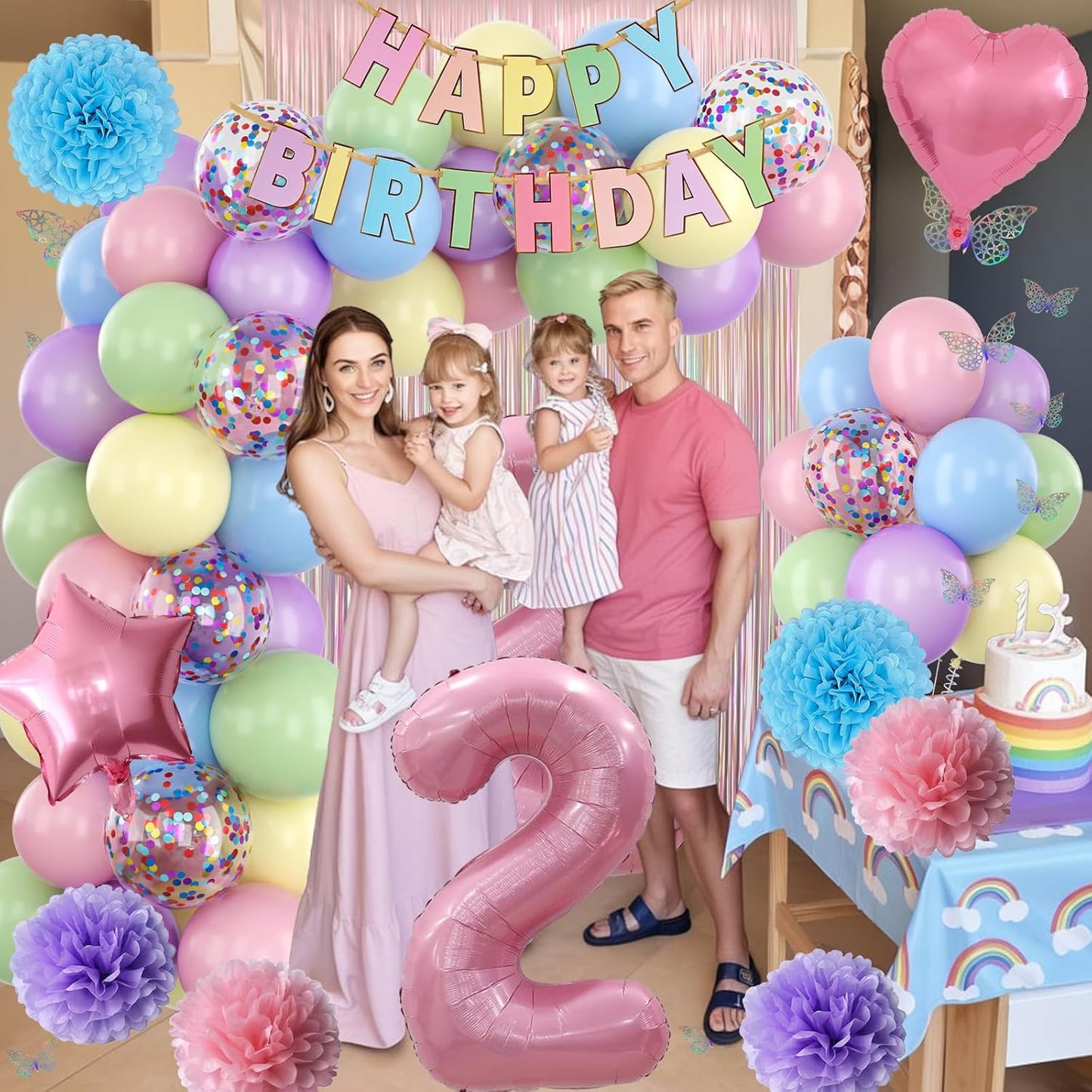 Pastel 2nd Birthday Party Decorations for Girls Number 2 Balloon Happy Birthday Banner Butterfly Stickers Fringe Curtain Paper Pom Poms Macaron Pink Star Foil Colorful Balloons Baby 2 Year Old Decor