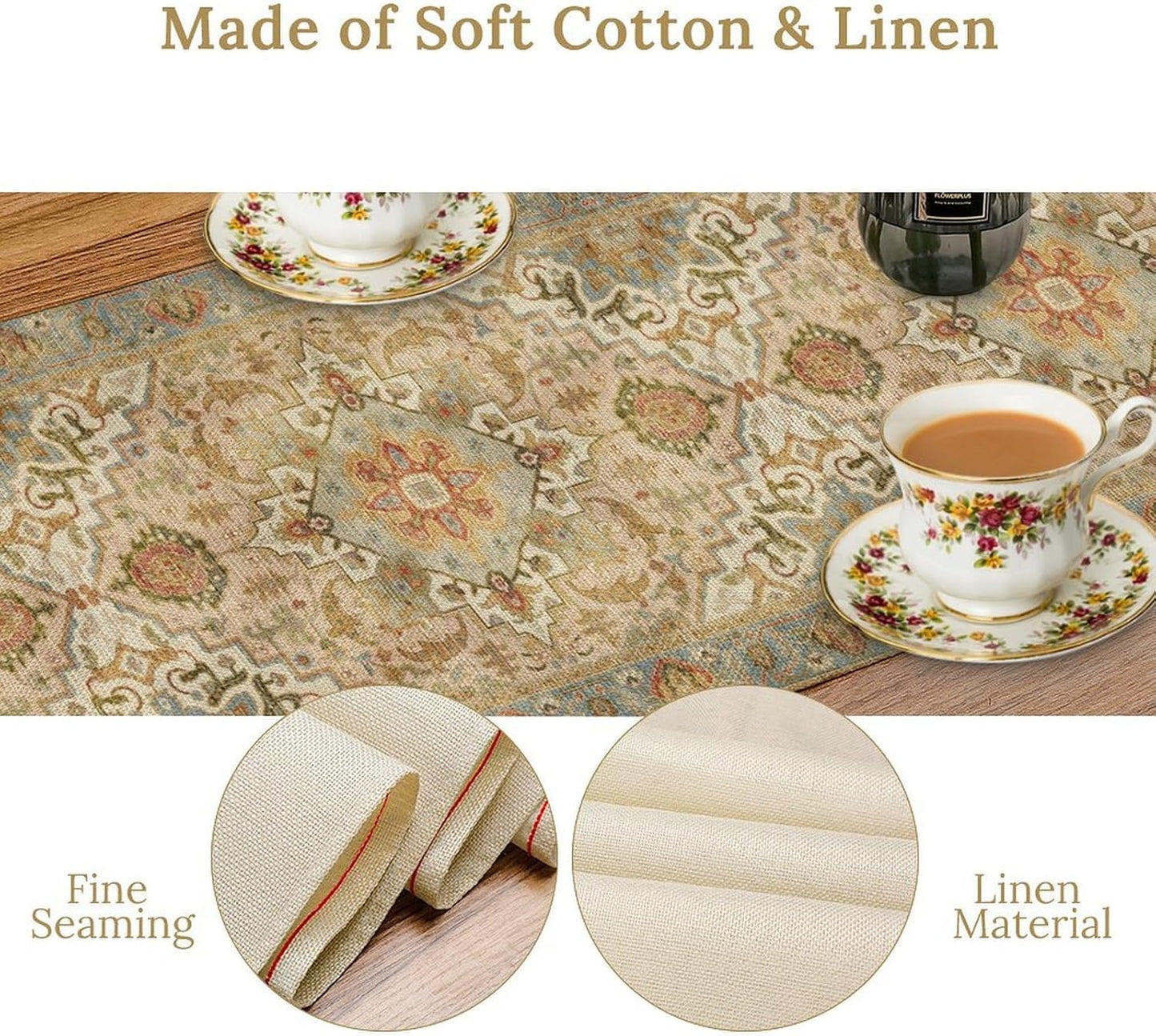 Vintage Boho Floral Table Runner, Rustic Country Farmhouse Yellow Blue Retro Flower Pattern for Home Kitchen Table Decor Dining Coffee Room Party Decor 13x72in