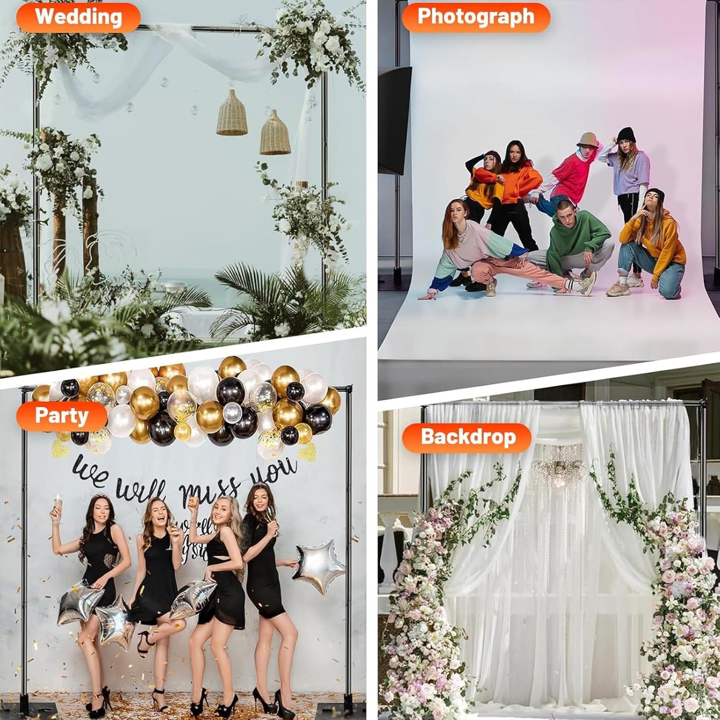 Heavy Duty Pipe and Drape Frame Kit 10x10ft Adjustable Height/Width Photography Background Support Poles All-Metal Construction Backdrop Stand for Party, Birthday, Wedding - Black