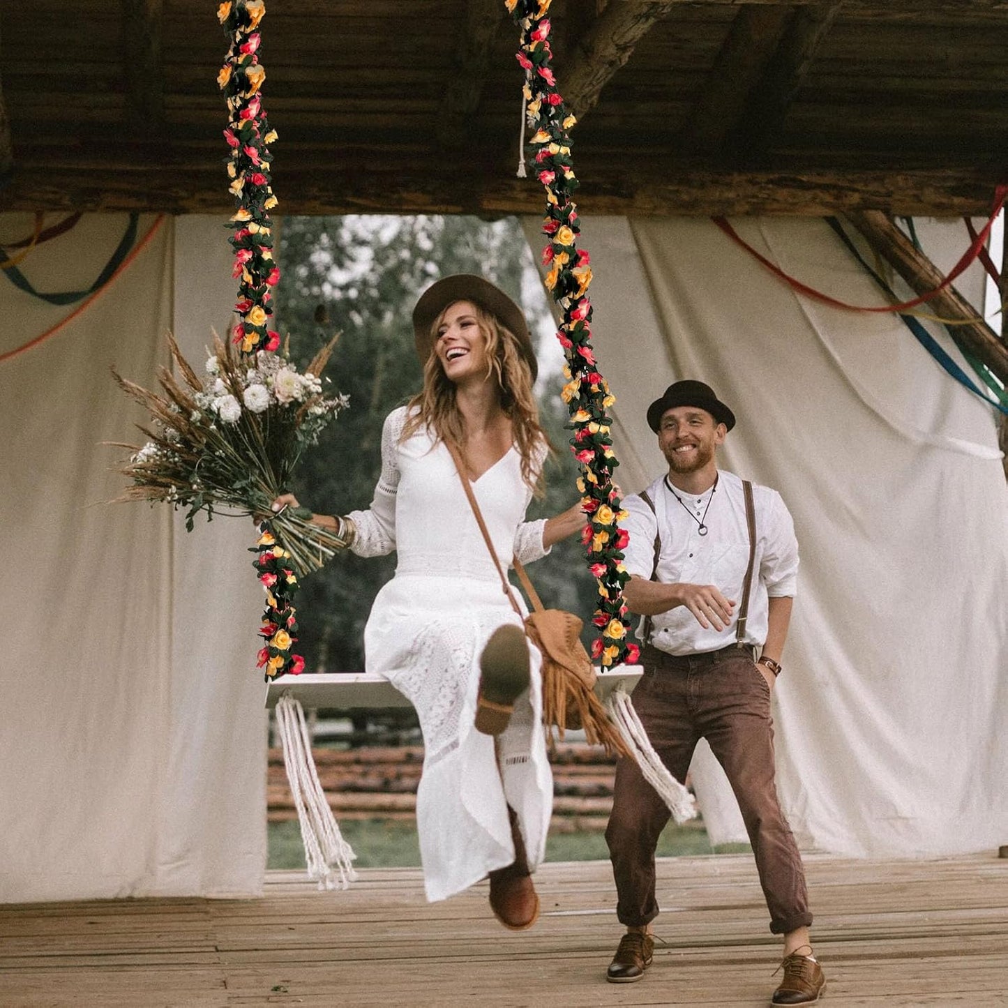 8Pcs 63Ft Pink&Yellow Rose Garland, Fake Rose Hanging Flowers, Artificial Flower Vine, Hanging Floral Vine Garland for Wedding, Birthday Party, Wall Arch, Halloween, Christmas Garden Backdrop Decor