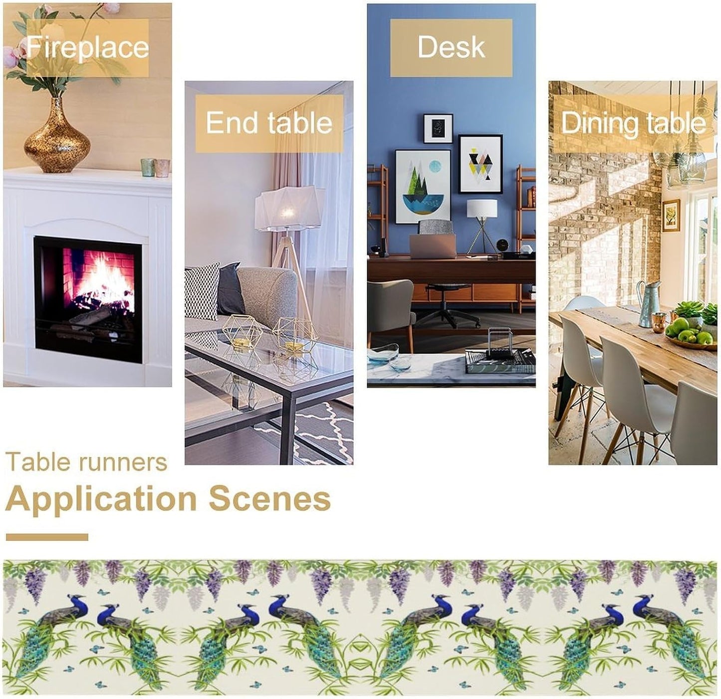 Peacock Table Runner,Spring Plant Butterfly Print Seasonal Table Runner for Home Kitchen Dining Party Indoor Outdoor Decoration 13x90 Inch