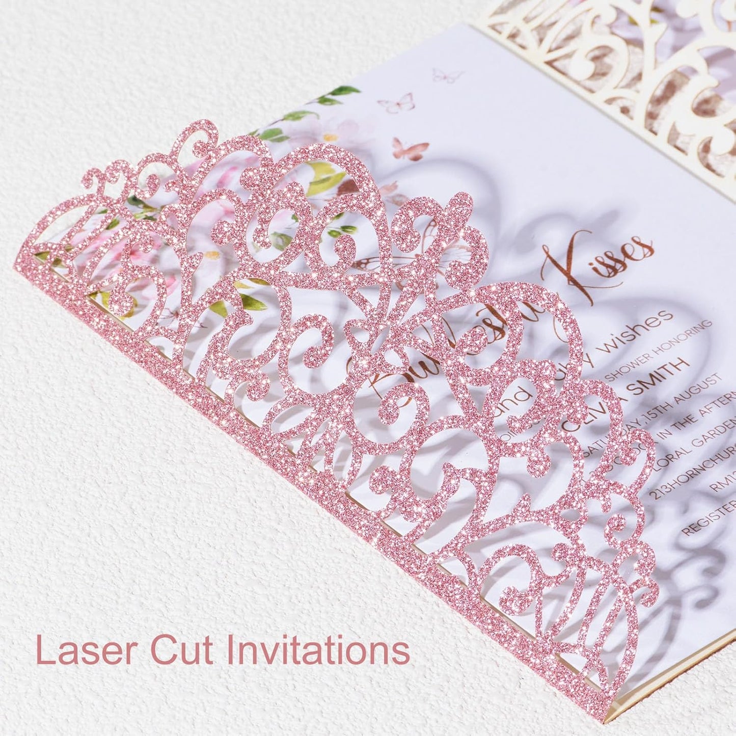 25pcs Glitter Laser Cut Wedding Invitation Kits Pink Personalized Invitation Pockets 5×7 Invitations with Envelopes and RSVP Cards Blank for Wedding Quinceanera Bridal Shower Engagement Birthday Party
