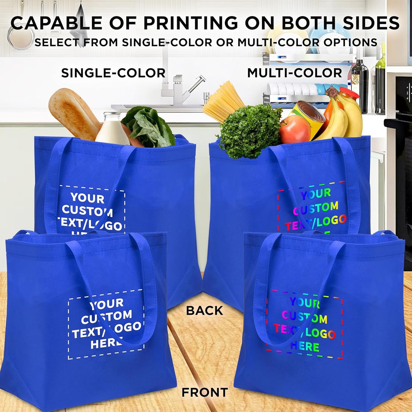 DISCOUNT PROMOS Custom Southern Style Grocery Tote Bags Set of 100 - Personalized Bulk Pack, Reusable Grocery & Shopping Bags - Great for Travel, Carry on Bag, Business Promotions - Blue - 20"X13"X8"