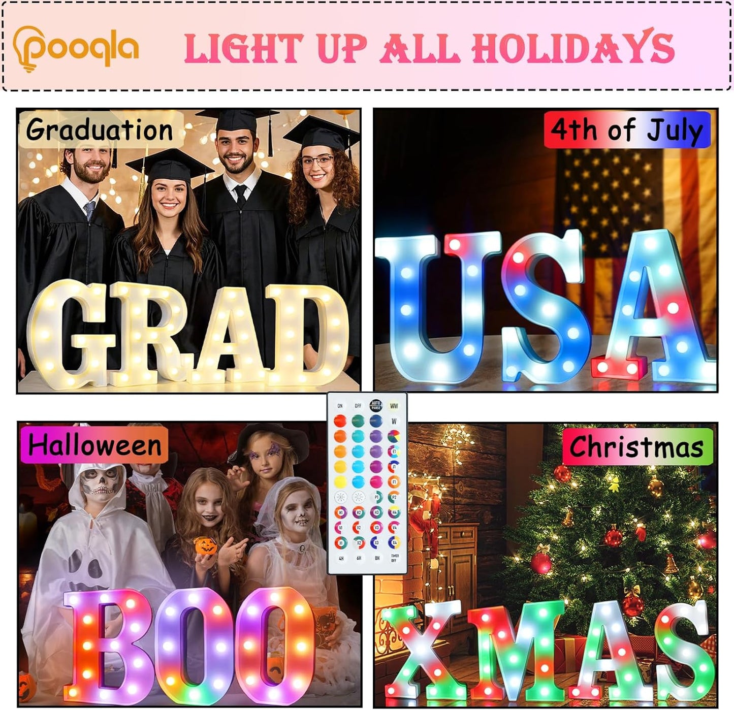 Pooqla Colorful Light Up Letters with Remote, Upgraded 35 Colors LED Marquee Letters, RGB Lighted Letter for Girls Teenager Gift, Birthday, Party, Wedding, Night Light, Room, Bedroom Decor, Letter P