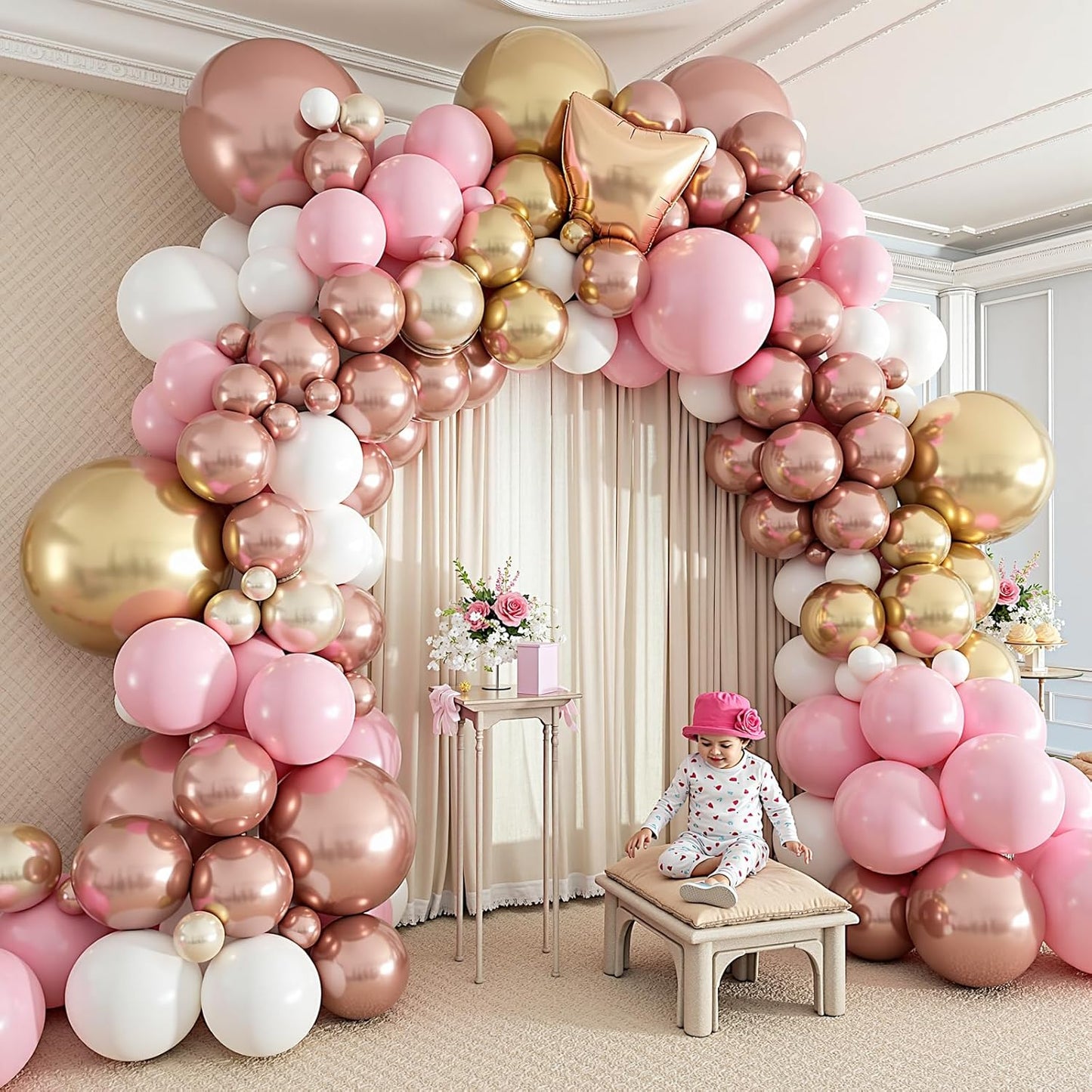 412Pcs Rose Gold Balloon Garland Arch Kit,18 12 10 5 Inch Nude Pastel Pink Metallic Gold White Balloons for Women Girls Birthday Bridal Baby Shower Decorations