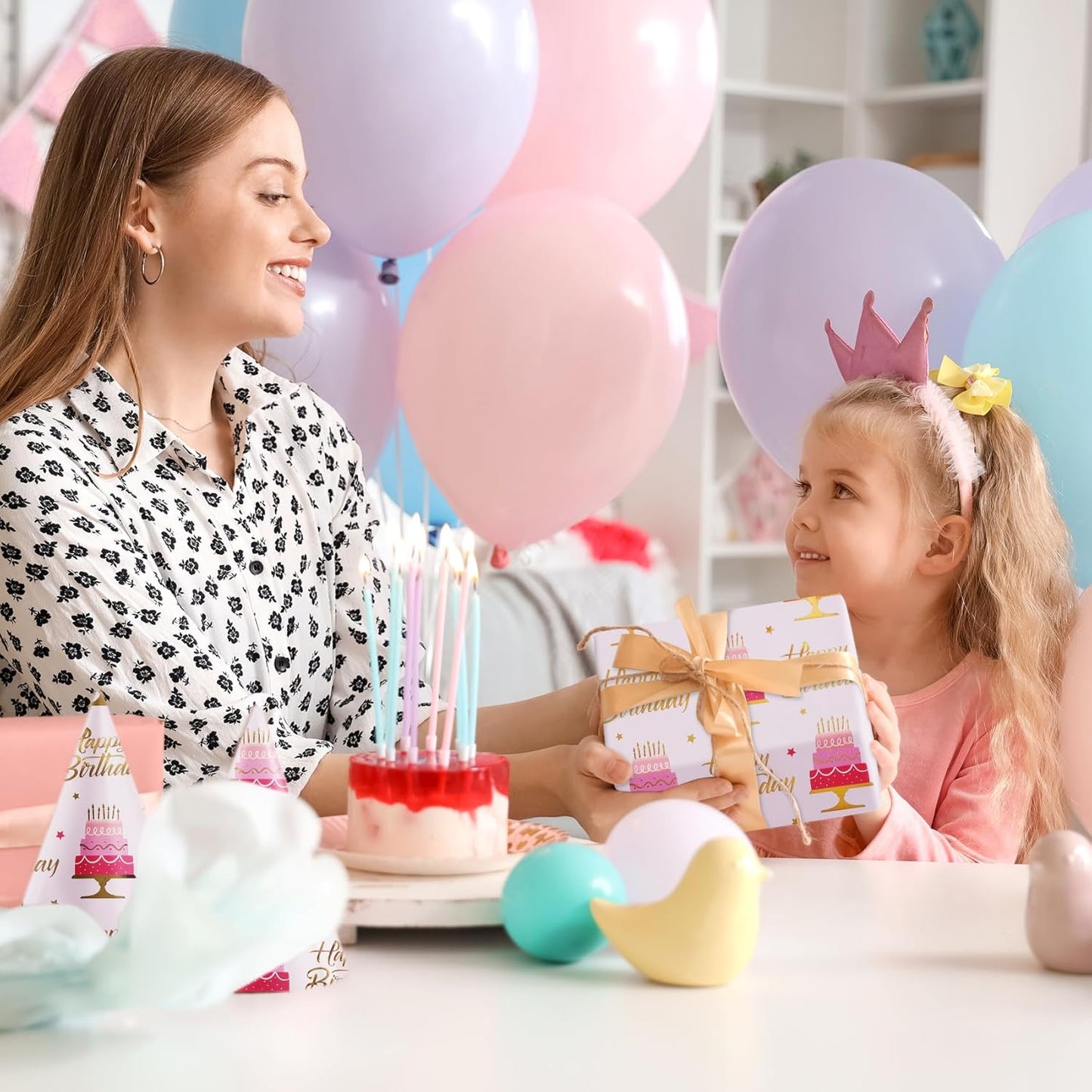 Aimyoo Pink Birthday Wrapping Paper Roll - 17 Inch X 32.8 Feet - Gold Foil Celebration Cake, Happy Birthday Lettering Design Gift Wrap for Kids, Baby Showers