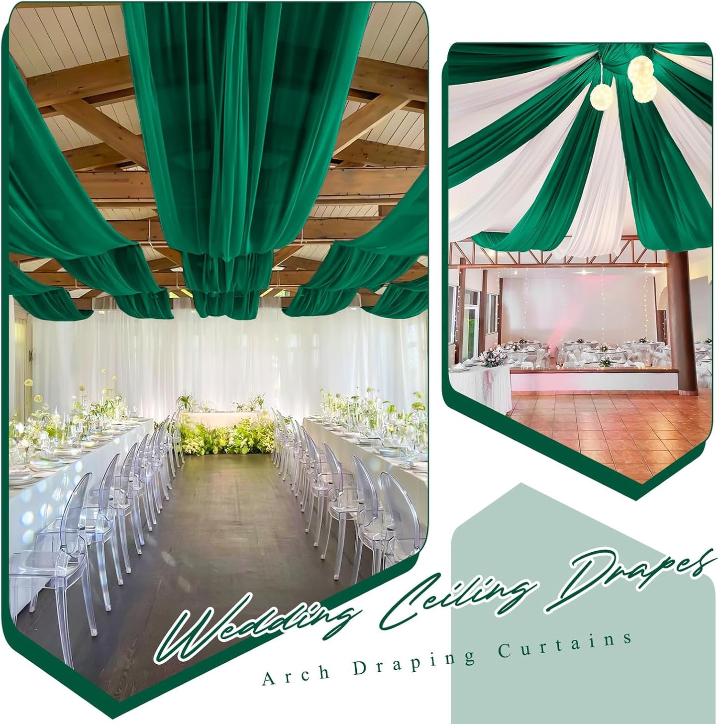 6 Panels Emerald Green Ceiling Drapes for Wedding 5ftx20ft Chiffon Fabric Arch Draping Curtains Sheer Drapery for Party Ceremony Birthday Baby Shower Reception Stage Swag Ceiling Decorations