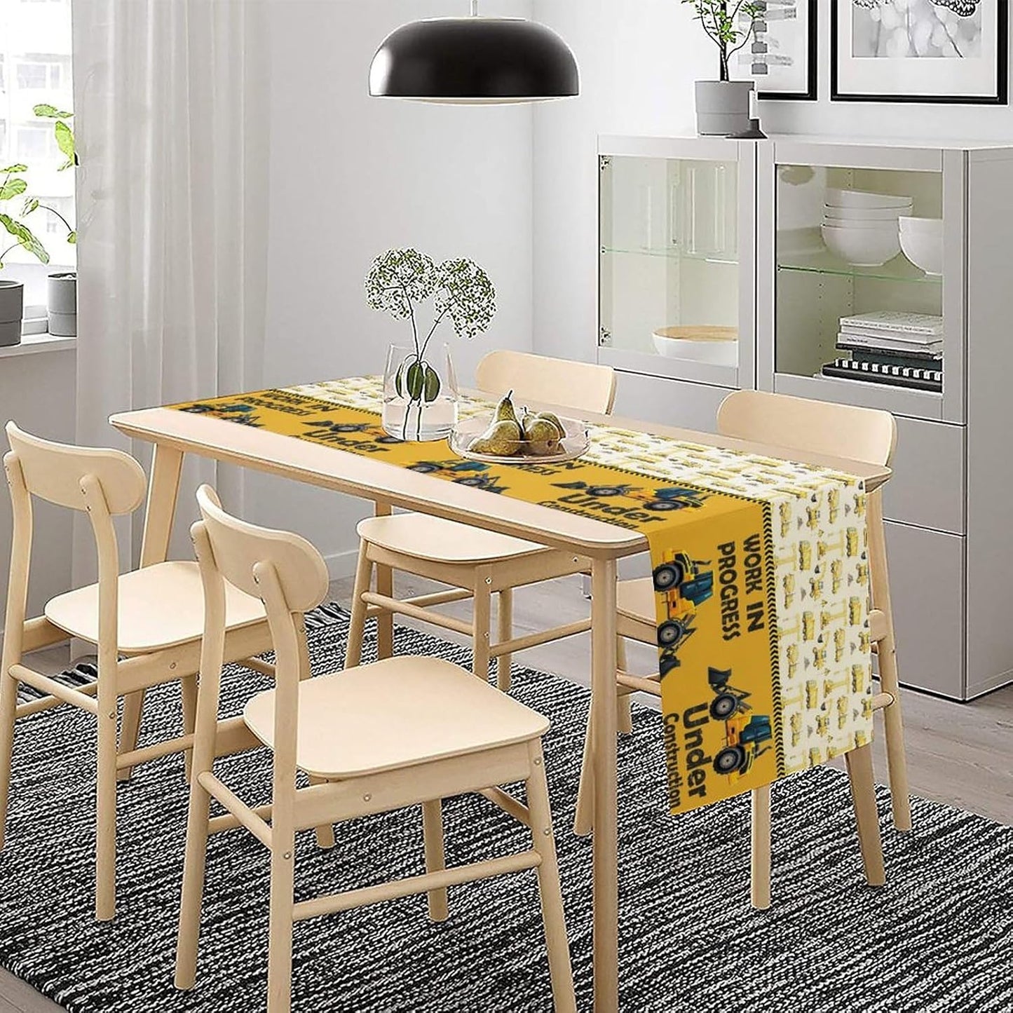 Cartoon Car Table Runner,Boys Kids Construction Vehicles Truck Yellow Print Tablecloth Burlap for Hotel Indoors Outdoor Dining Room Kitchen Home Decor,W13X L80 in