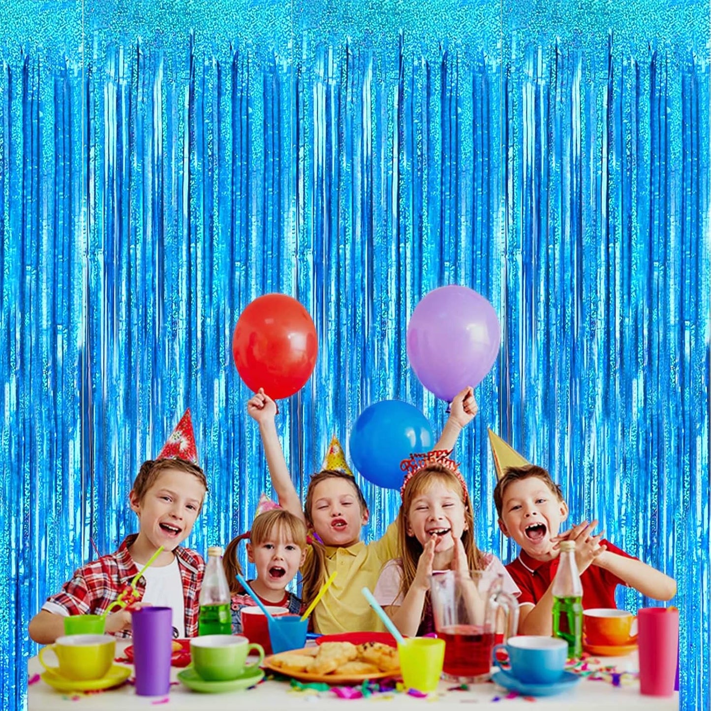 4 Pack Light Blue Tinsel Foil Fringe Curtain Backdrop, 3.28Ft x 8.2Ft Metallic Streamers for Photo Booth Props Wedding Bridal Shower Bachelorette Birthday Halloween Christmas Party Decoration
