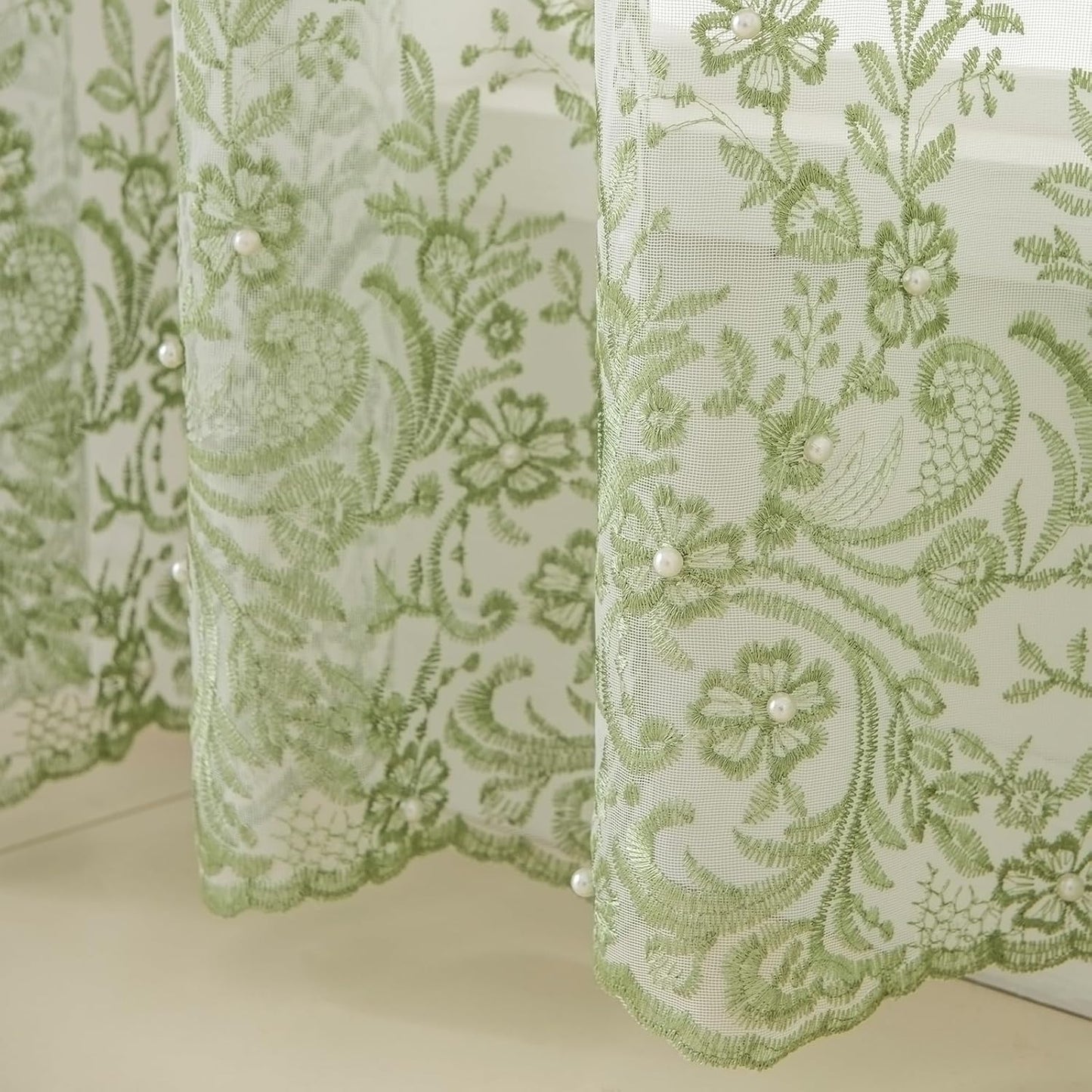 VISIONTEX White Sheer Voile Curtains, Decorative Green Embossed Butterflies Rod Pocket Window Drapes for Home Kitchen, Living Room and Bedroom 54 x 84 Inch, Set of 2 Curtain Panels