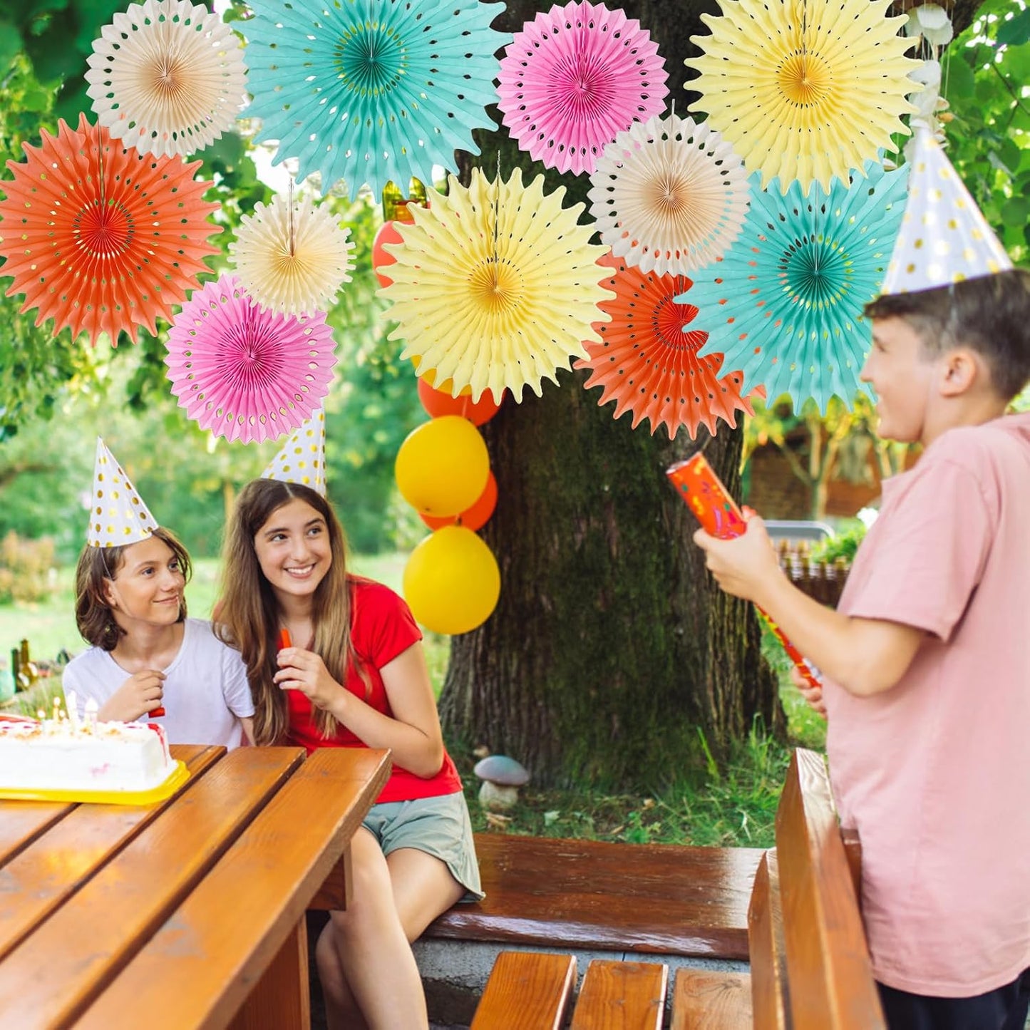 SUNBEAUTY Pack of 11 Peach Pink Yellow Mint Green Hanging Honeycomb Round Paper Fans for Birthday Baby Shower Bachelorette Anniversary Wedding Photo Booth Backdrop Party Decoration