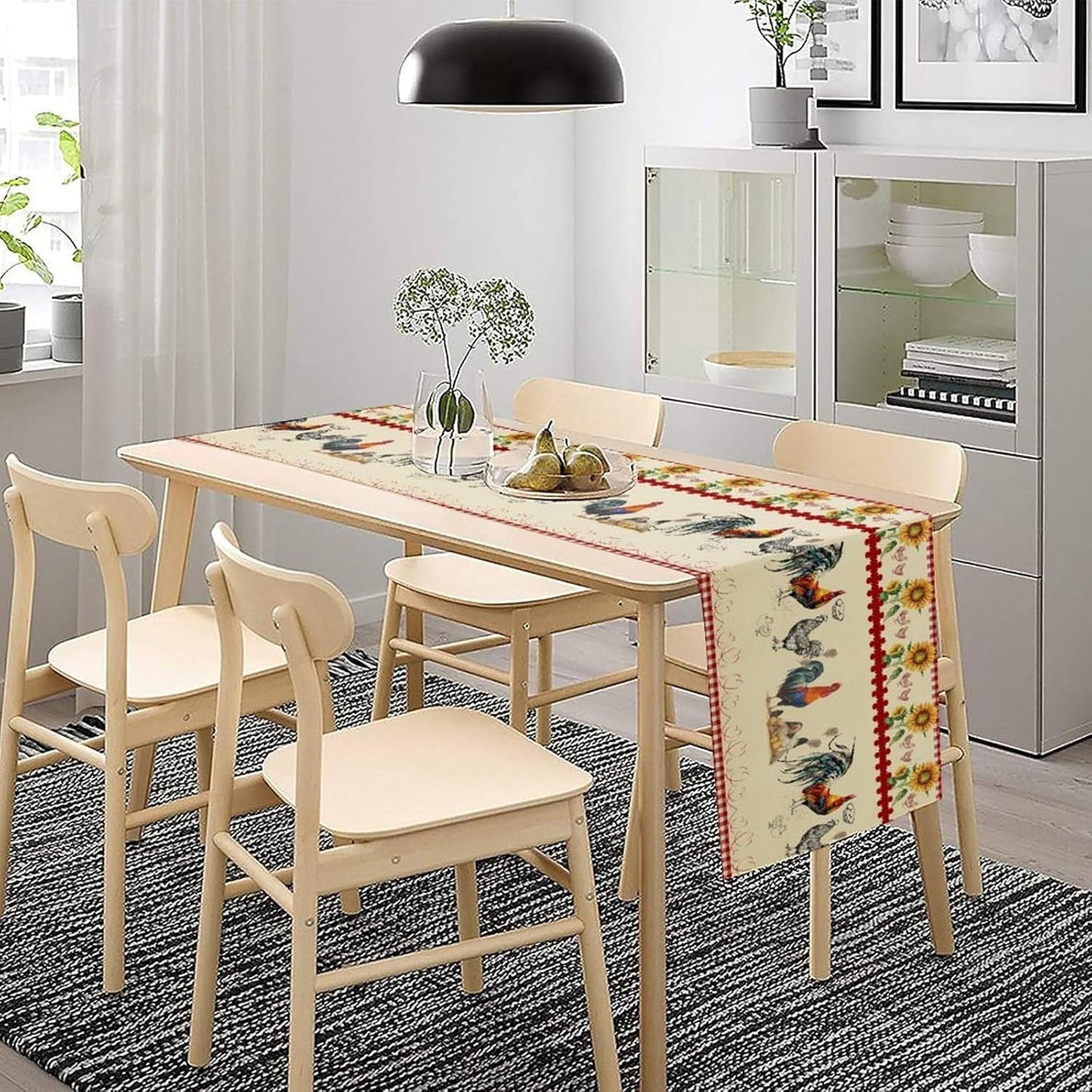 Rustic Rooster Table Runner,Vintage Country Farm Sunflower Chicken Red Plaid Print Tablecloth Burlap for Hotel Indoors Outdoor Dining Room Kitchen Home Decor,W13X L36 in