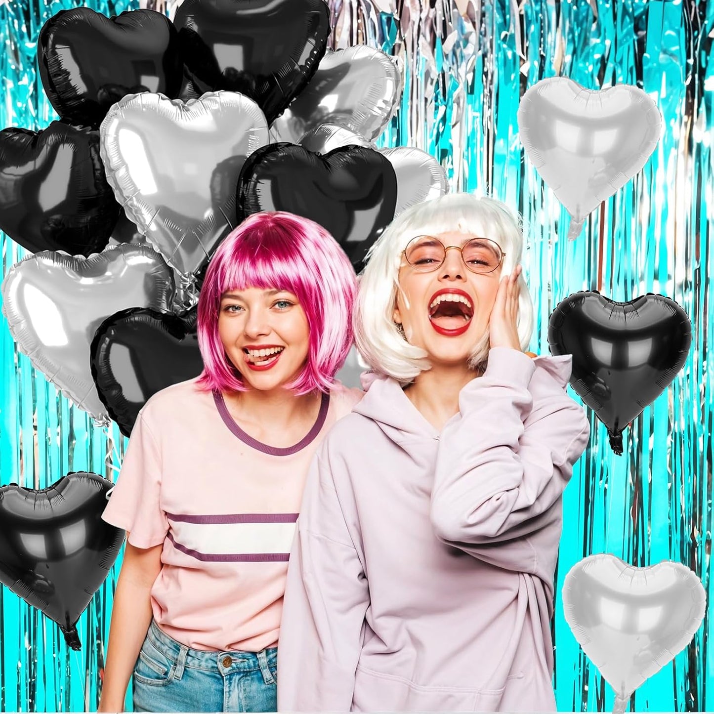 12 Pcs Heart Balloons, 18 inch Black Silver Heart Shaped Balloon, Big Helium Foil Black Silver Balloons for Wedding Baby Shower Anniversary Backdrop Valentine Party Decoration