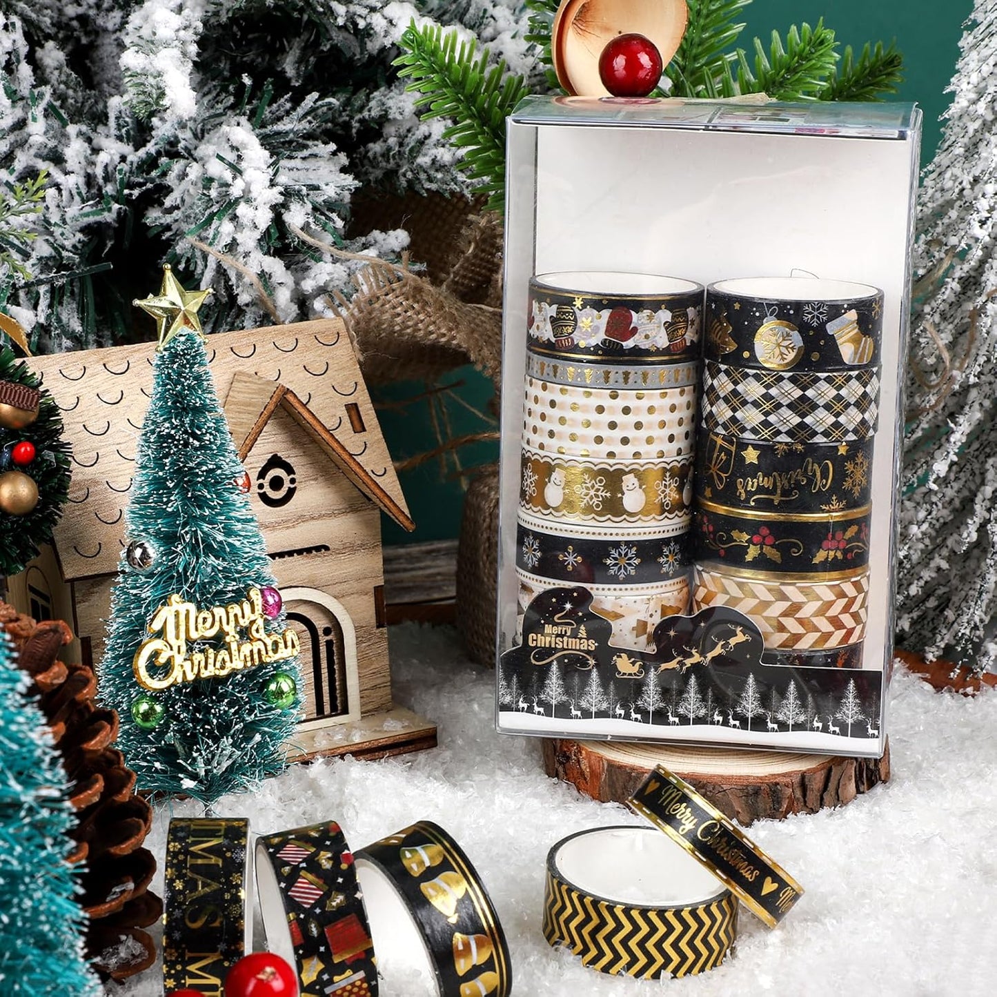 18 Rolls Christmas Washi Tape Holiday Masking Tape Black Christmas Wrapping Tape Glod Silver Foil Decorative Tape for Christmas Scrapbook Journal DIY Craft Gift Wrapping(Xmas Black