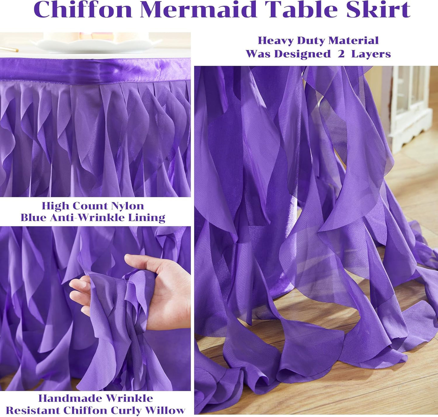 PARTISKY Mermaid Purple Tulle Curly Willow Table Skirt for Rectangle Table 9ft, Ruffle Tutu Table Cloth for Girls Boys Baby Shower,Mermaid Birthday Party
