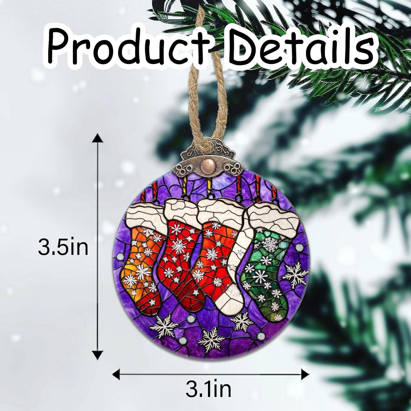 Stained Glass Christmas Decorations, Colorful Socks Suncatcher for Window Christmas Tree Hanging Ornaments Silver Snowflake Sun Catcher Xmas Decor Gifts for Women Men Mom Nana Friend