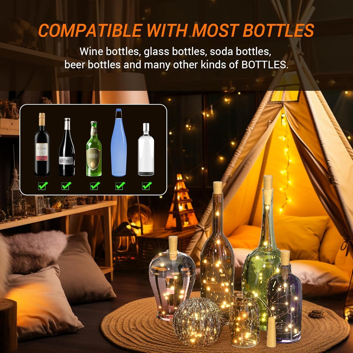 PChero Wine Bottle Cork Lights with Timer, 10 Pack 20 LED 6.6 ft Fairy String Lights Battery Operated for DIY Party Wedding Christmas Festival Bar Decoration, Warm White
