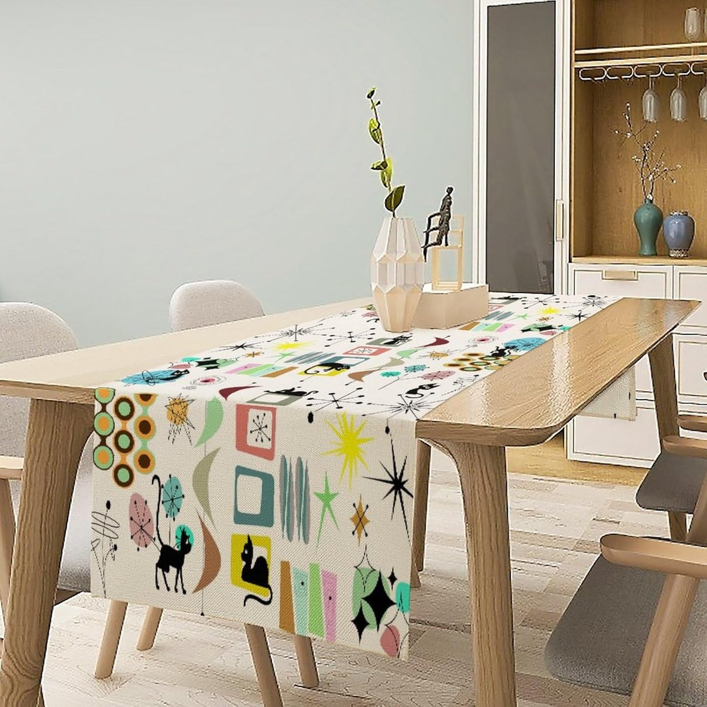 Colorful Geometric Table Runner,Vintage Mid Century Cute Cat Abstract Morden Print Tablecloth Burlap for Hotel Indoors Outdoor Dining Room Kitchen Home Decor, 13x80in