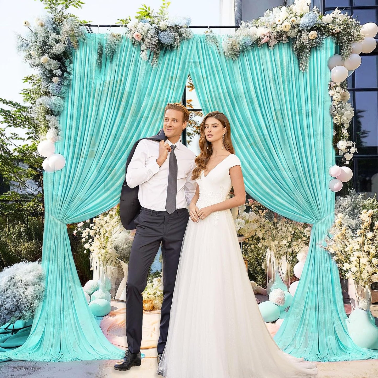 10 x 10 Feet Blue-Green Backdrop Curtain for Partie, Background Curtains for Photoshoot, Birthday, Wedding, Halloween, Thanksgiving, Christmas Day, New Year Party Decorations 5Ft x 10Ft, 2 Panels