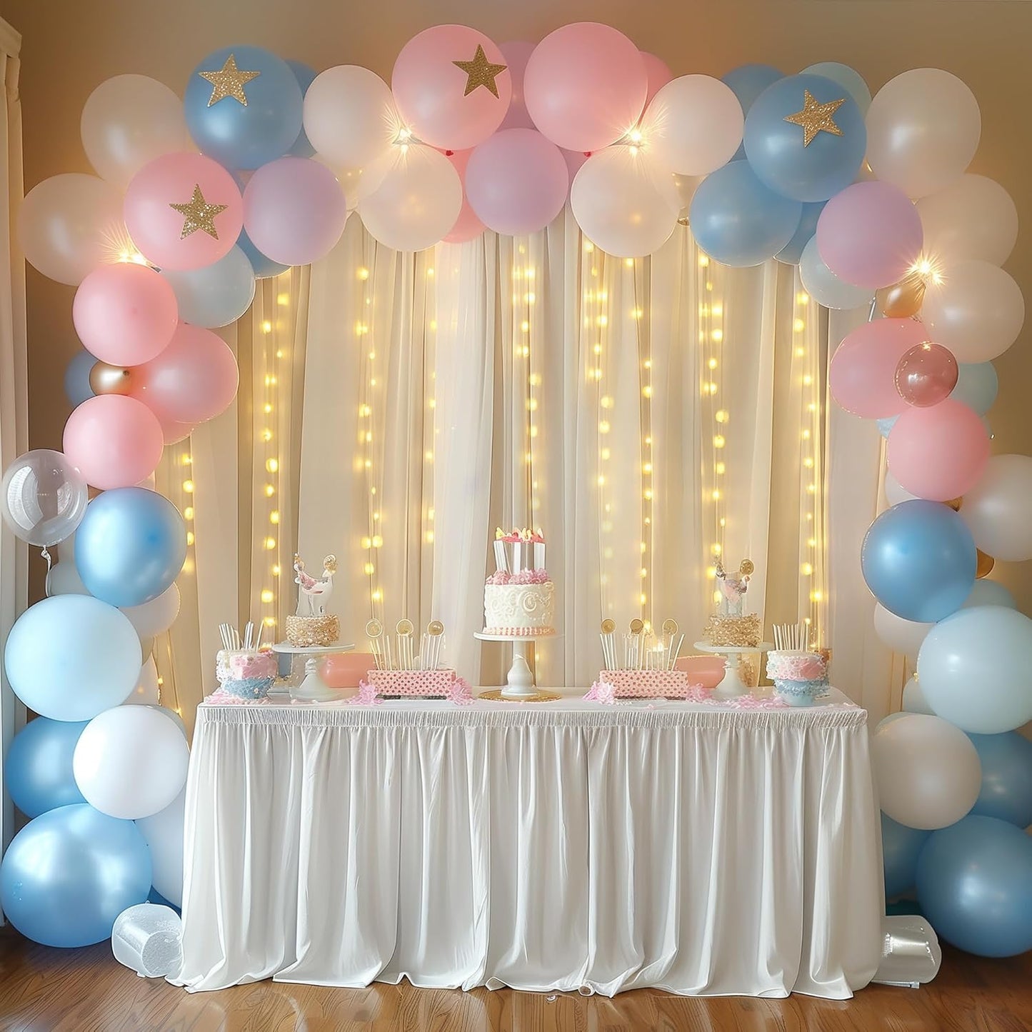 Fomcet Tulle Curtains with Lights String Ivory 20FT X 10FT Sheer Backdrop Curtains for Parties Wedding Baby Shower Photo Shoot Decorations (4 Panels 5 x 10FT)