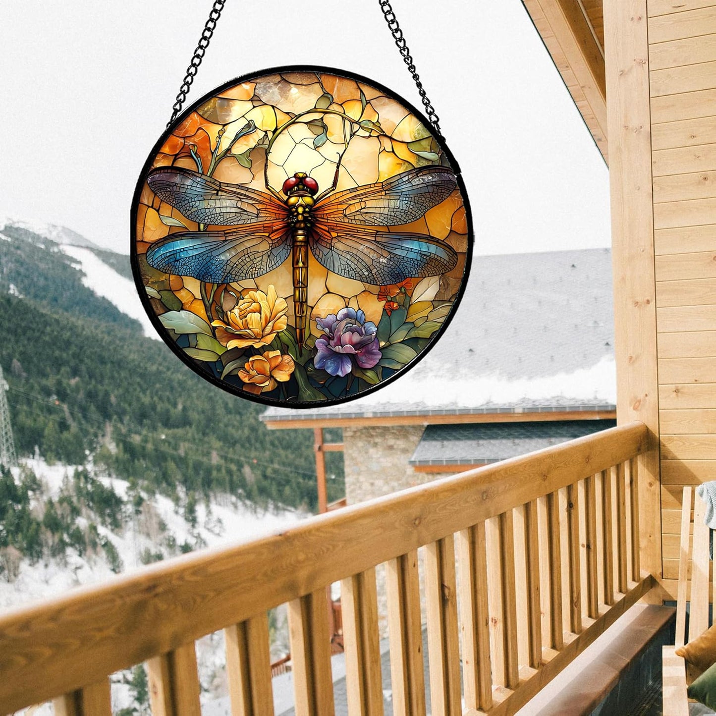 Stained Glass Window Hanging - Orange Blue Dragonfly Flower Suncatcher for Doors Window Home Sun Catchers Decor Christmas Mother's Day Birthday Outdoor Gifts for Women Men Mom Nana 9.8 in