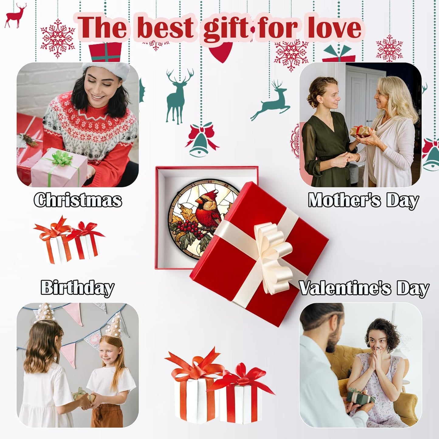 Stained Glass Window Hanging, Birds on a Branch Cardinal Sun Catchers Diamond Glass Panel Hangings Suncatcher Decor for Birthday for Women, Men, Wife, Aunt,and Mom 7.8X7.8IN