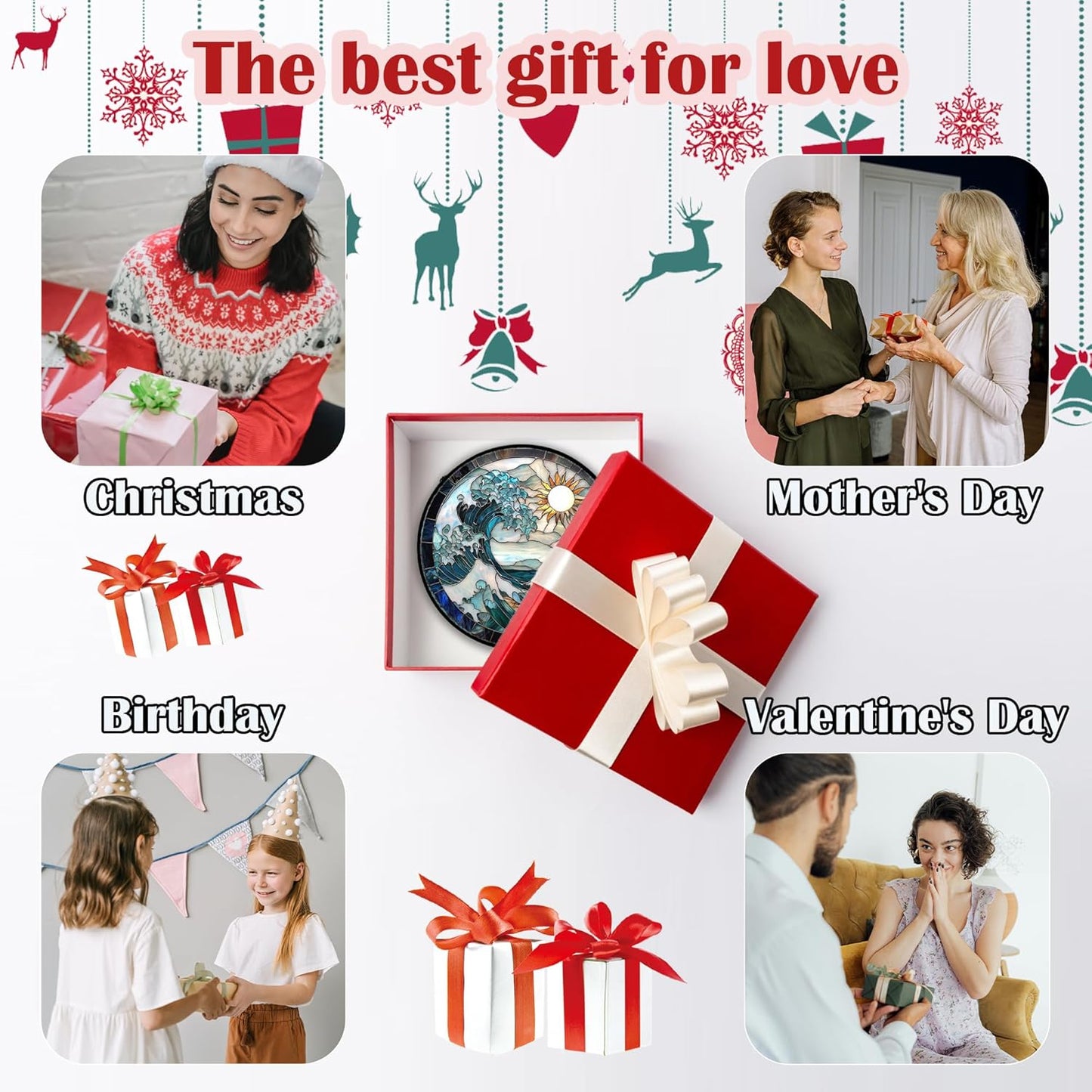 Stained Glass Window Hanging - White Sun Big Wave Suncatcher for Door Terrace Garden Home Decor Blue Ocean Landscape Sun Catcher Birthday Gifts for Lovers Women Men Dad Mom Nana 6.3 in