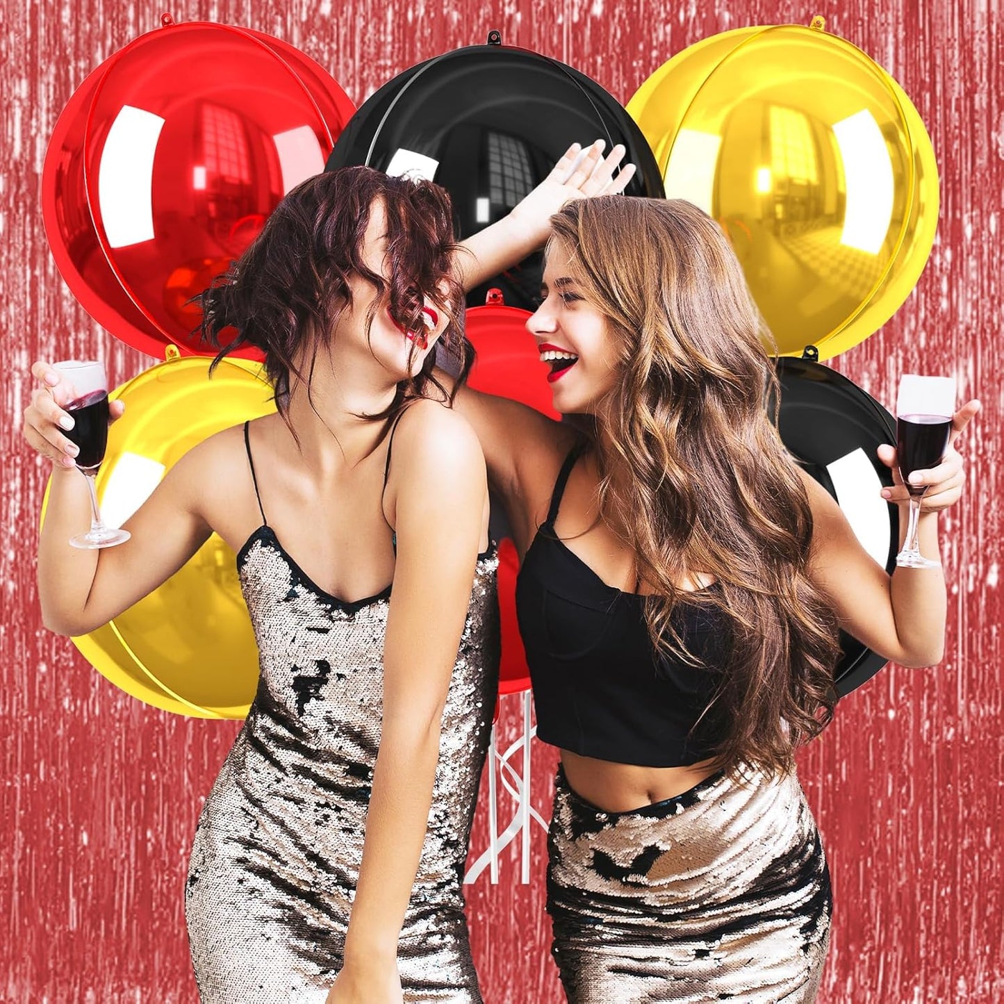 Black Gold Red Giant 4D Foil Balloons, 6 Pcs Large Metallic Black and Gold Round Balloons, 22 Inch Big Round Foil Balloon for Birthday Party Baby Shower Graduation Prom Wedding Decorations