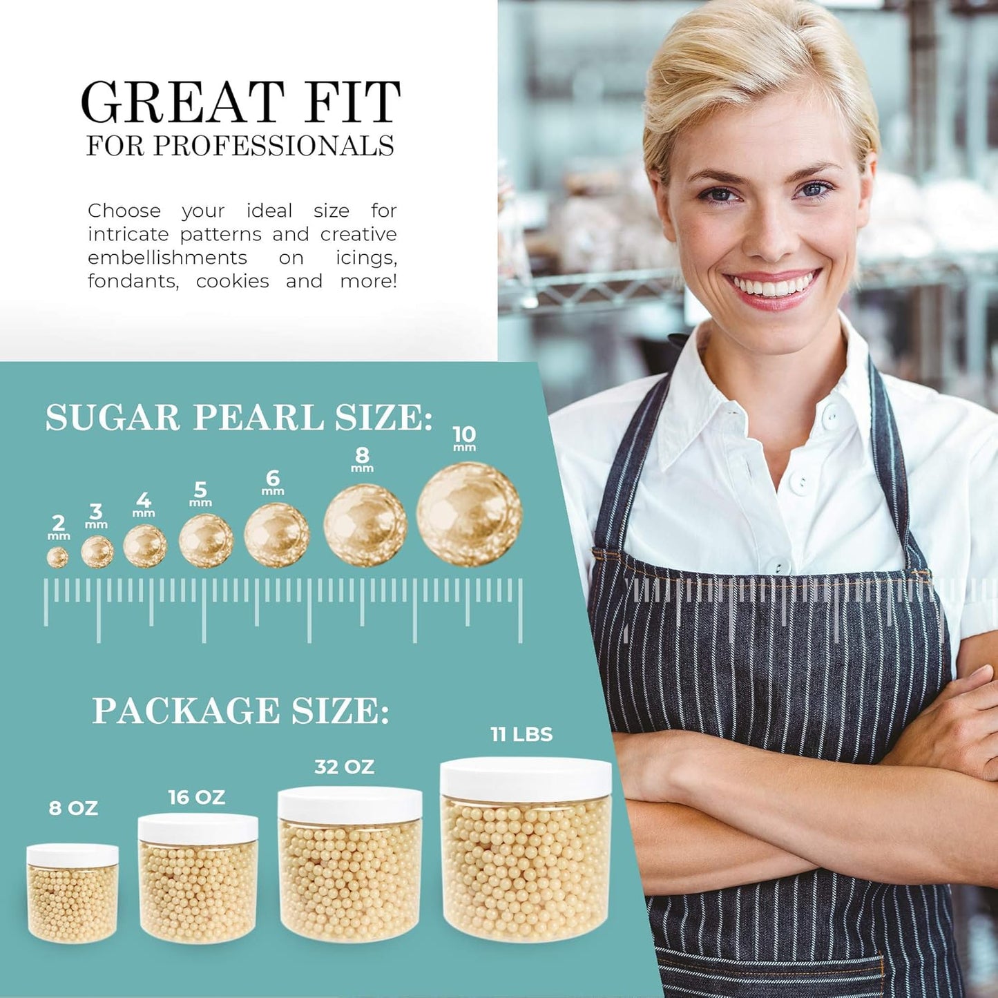 O'Creme Ivory Edible Sugar Pearls Cake Decorating Supplies for Bakers: Cookie, Cupcake & Icing Toppings, Beads Sprinkles For Baking, Certified, Candy Sugar Ball Accents (10mm, 11 Lbs)