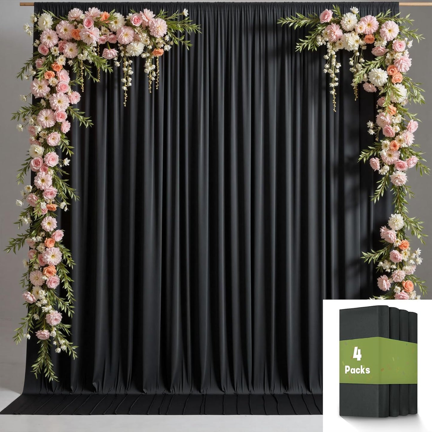 20ftx10ft Wrinkle Free Black Backdrop Curtain for Parties, 4 Panels 5x10ft Silky Polyester Photo Backdrop Drapes Back Drop Cloth for Wedding Birthday Photography Background Decor