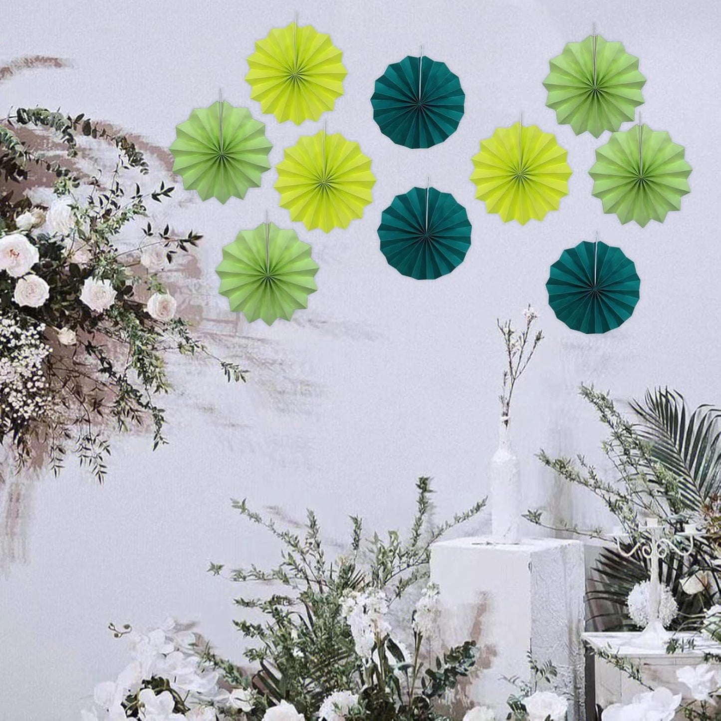 BARTHEW Green Hanging Paper Fans, 8in, 30 Pack, DIY Set, Minimalist Modern Style, Green, Military Theme, Birthday Occasion