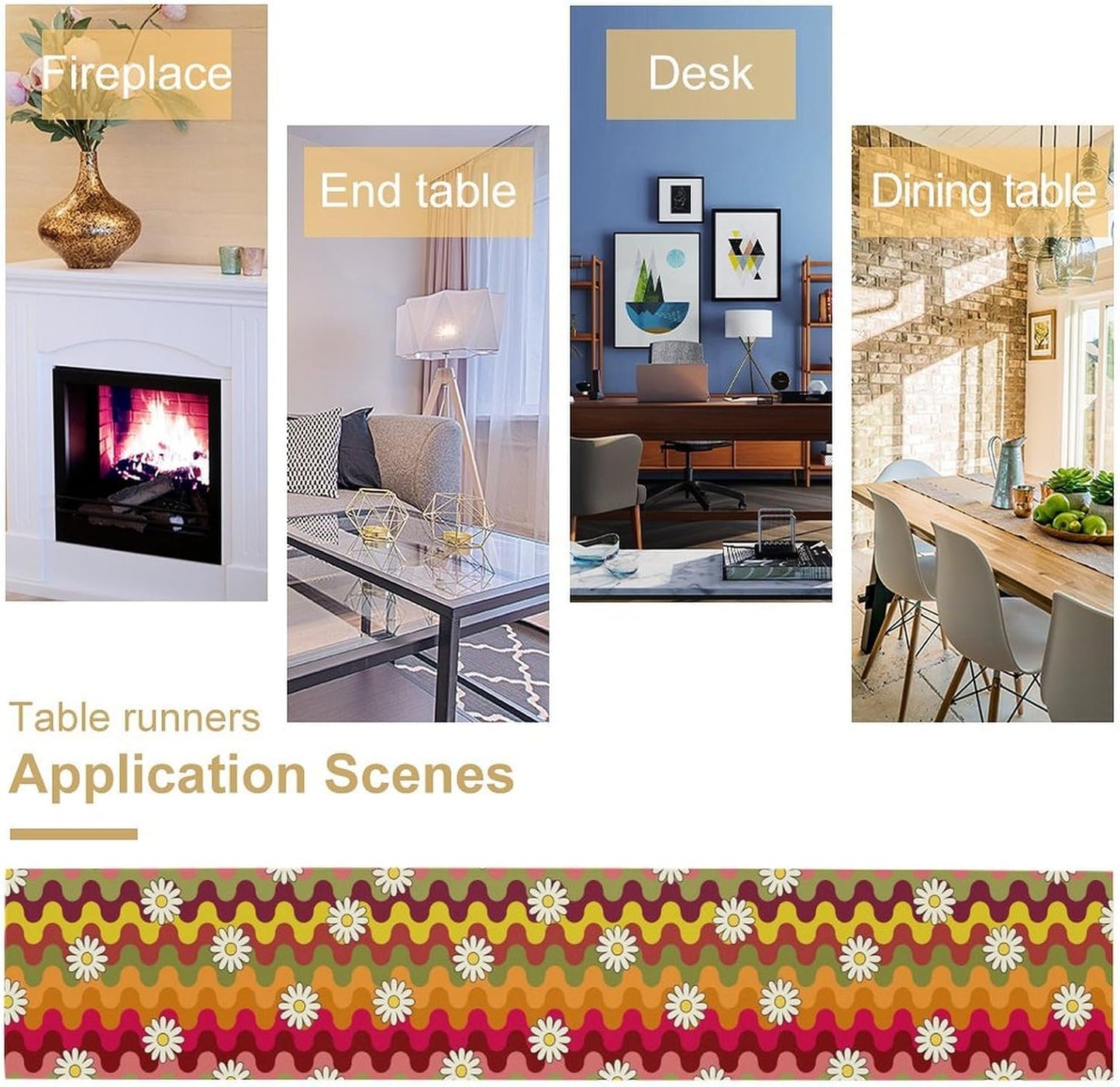 Vintage Floral Table Runner,60s 70s Colorful Retro Abstract Hippie Print Table Runner for Kitchen Dining Table Home Party Decoration 13x36 Inch