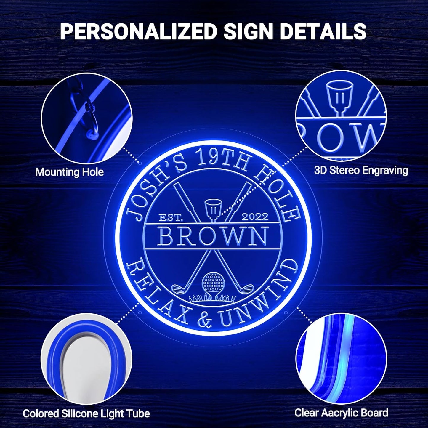 Custom LED 19th Hole Golf Neon Sign, Personalized Neon Name Signs for Wall Decor, Dimmable Light Up Signs Customizable for Golf Clubs Bar Man Cave Lounge Party Clubhouse, Golfer Men Dad Gifts