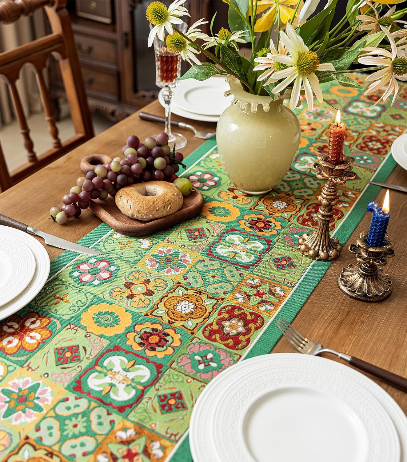 13×72 Inch Table Runner, Retro-Luxury Tassels Series for Kitchen Dining Table Holiday Decoration (Ethnic Green)