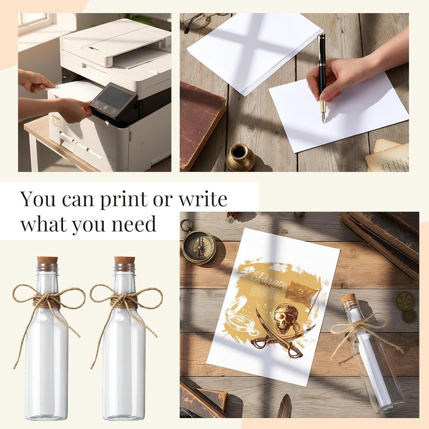 Baderke 48 Pcs 5.6 oz Message Bottles with Letter Printer Paper Plastic Bottles & Corks Twines for Message Invitations Birthday Wedding Baby Shower DIY Crafts Gift Party Favors (White)