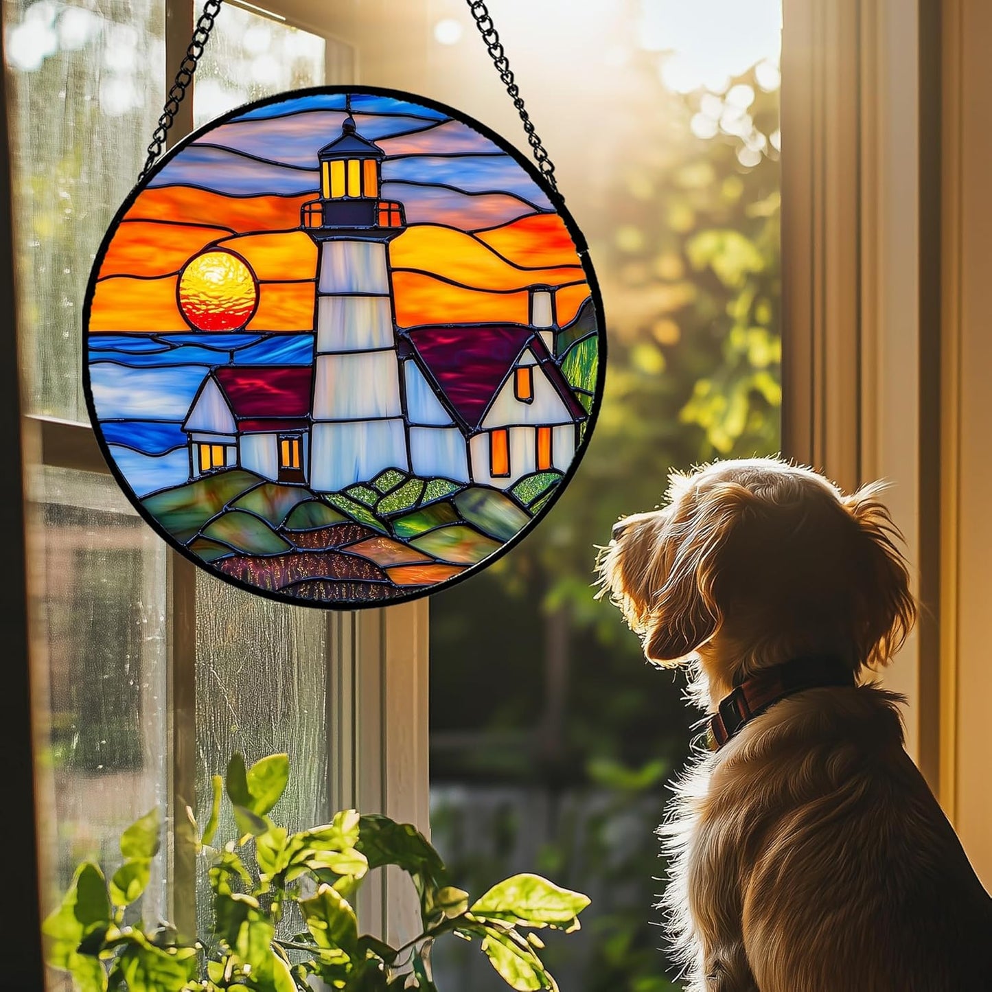 Stained Glass Window Hanging - Sea Lighthouse Suncatcher for Door Terrace Garden Home Decor Sunset Beach Scenery Sun Catcher Birthday Gifts for Lovers Women Men Dad Mom Nana 15 in