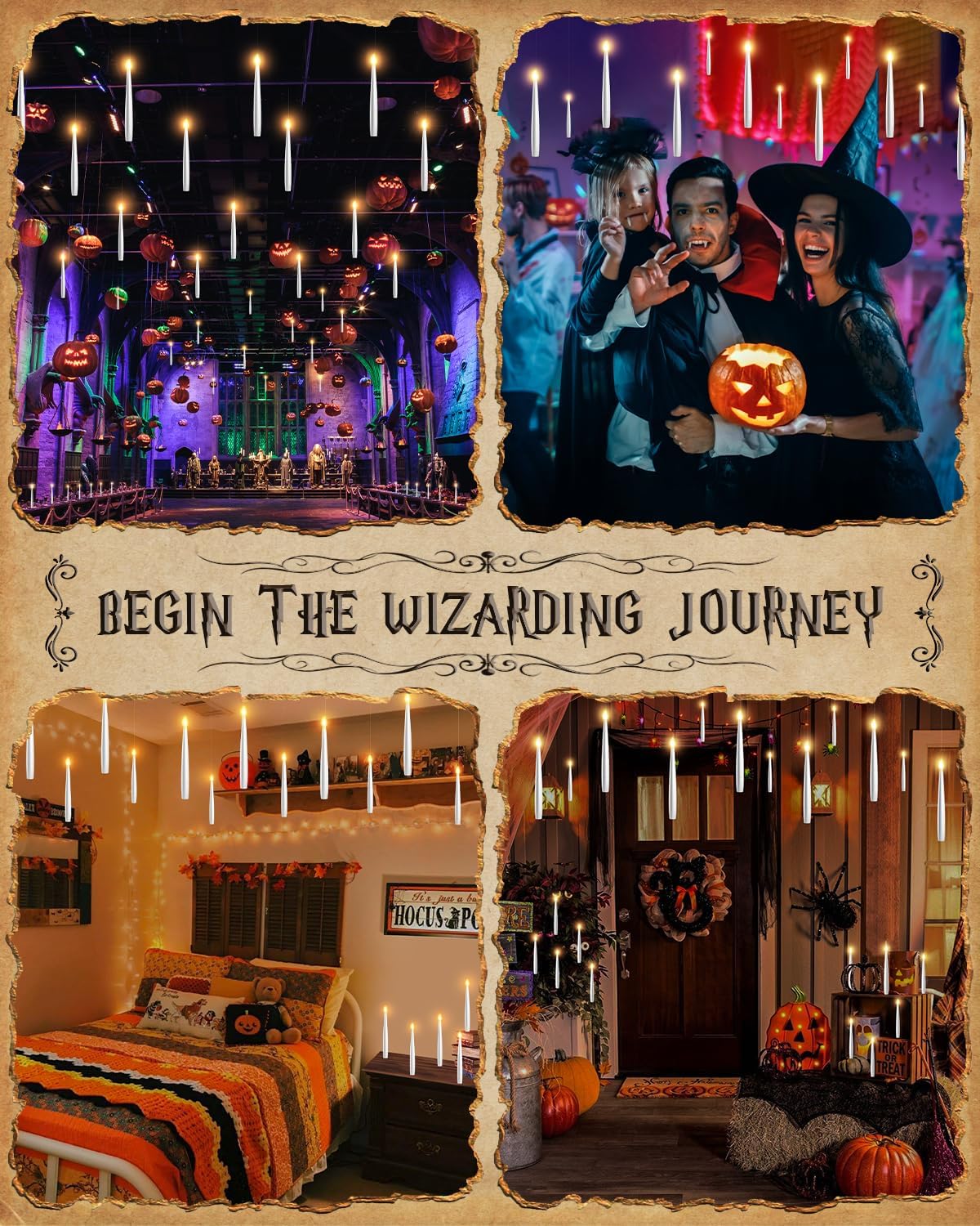 Floating Candles with Wand - 18 Pack Halloween Decorations Magic Flameless Candles Flickering Light Hanging Candle Remote with Glasses, Tie, Scarf, Battery Operated Candles for Christmas Party Decor