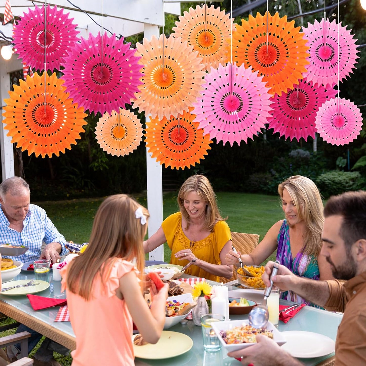 Outus 12 Pcs Hanging Honeycomb Paper Fans Sets, Fiesta Pink and Orange Party Decorations, Tissue Paper Flowers Supplies for Birthday Wall Classroom Wedding Bridal Photo Backdrop (14/10/6 Inch)