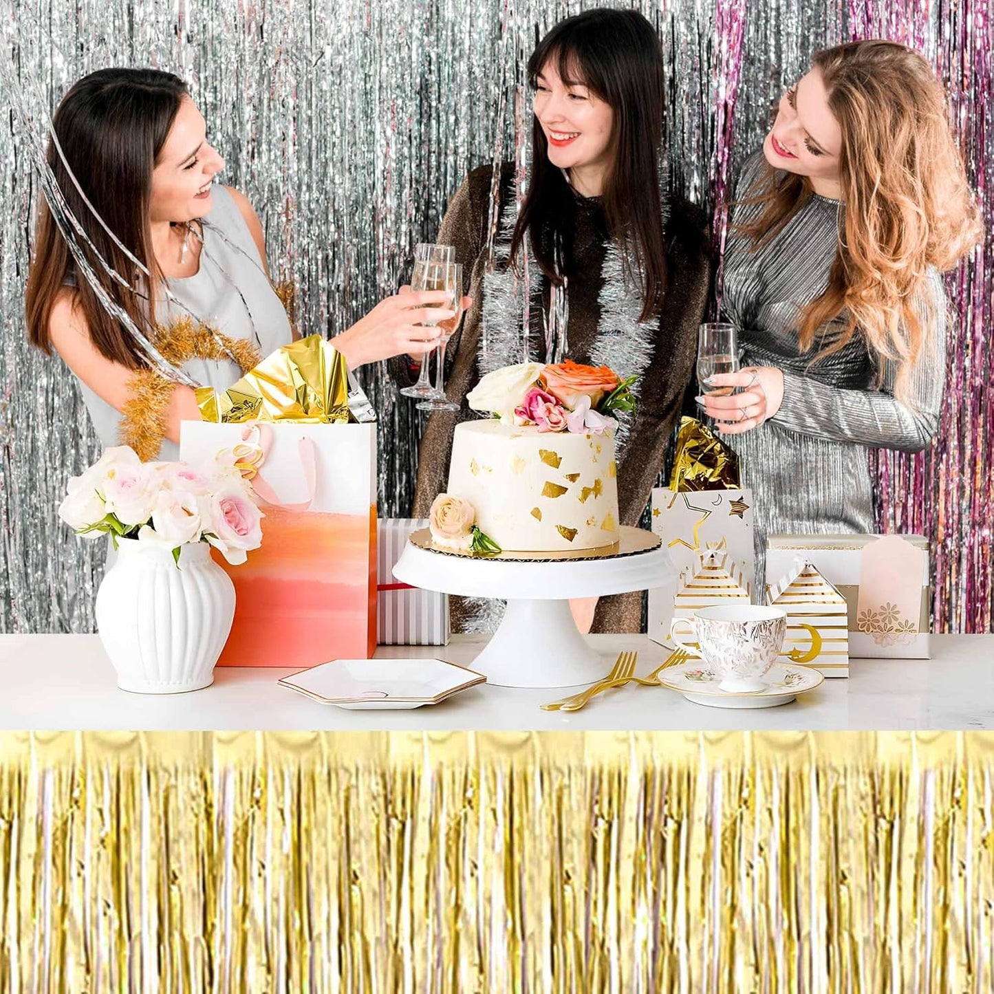 3 Pack 29 x108 Inch Light Gold Foil Fringe Table Skirts Metallic Banner for Tinsel Streamer Garland Backdrop for Parade Floats Mother's Day, Graduate, Birthday, Wedding Party Decoration