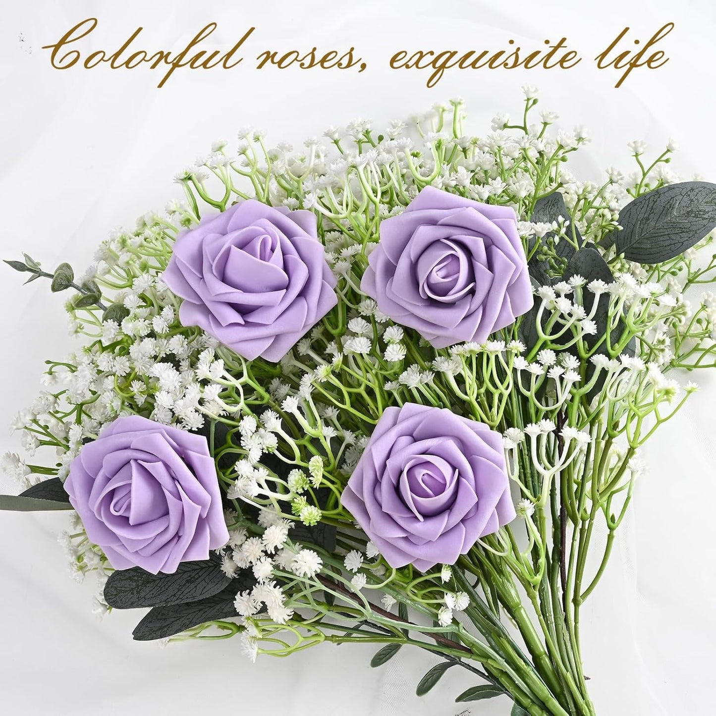 BLEUM CADE 16Pcs Artificial Flowers Fake Roses with Stems, Purple Boxed Foam Roses for DIY Bouquets Centerpieces Wedding Party Arrangement Bridal Shower Decor