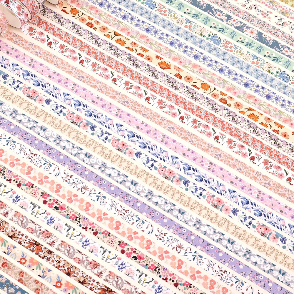 60 Rolls Flowers Theme Washi Tape Set with Different Colorful Patterns, Writable Decorative Tapes for Scrapbooking, Bible Journaling, Bullet Journaling, 0.39'' x 79'' per Roll