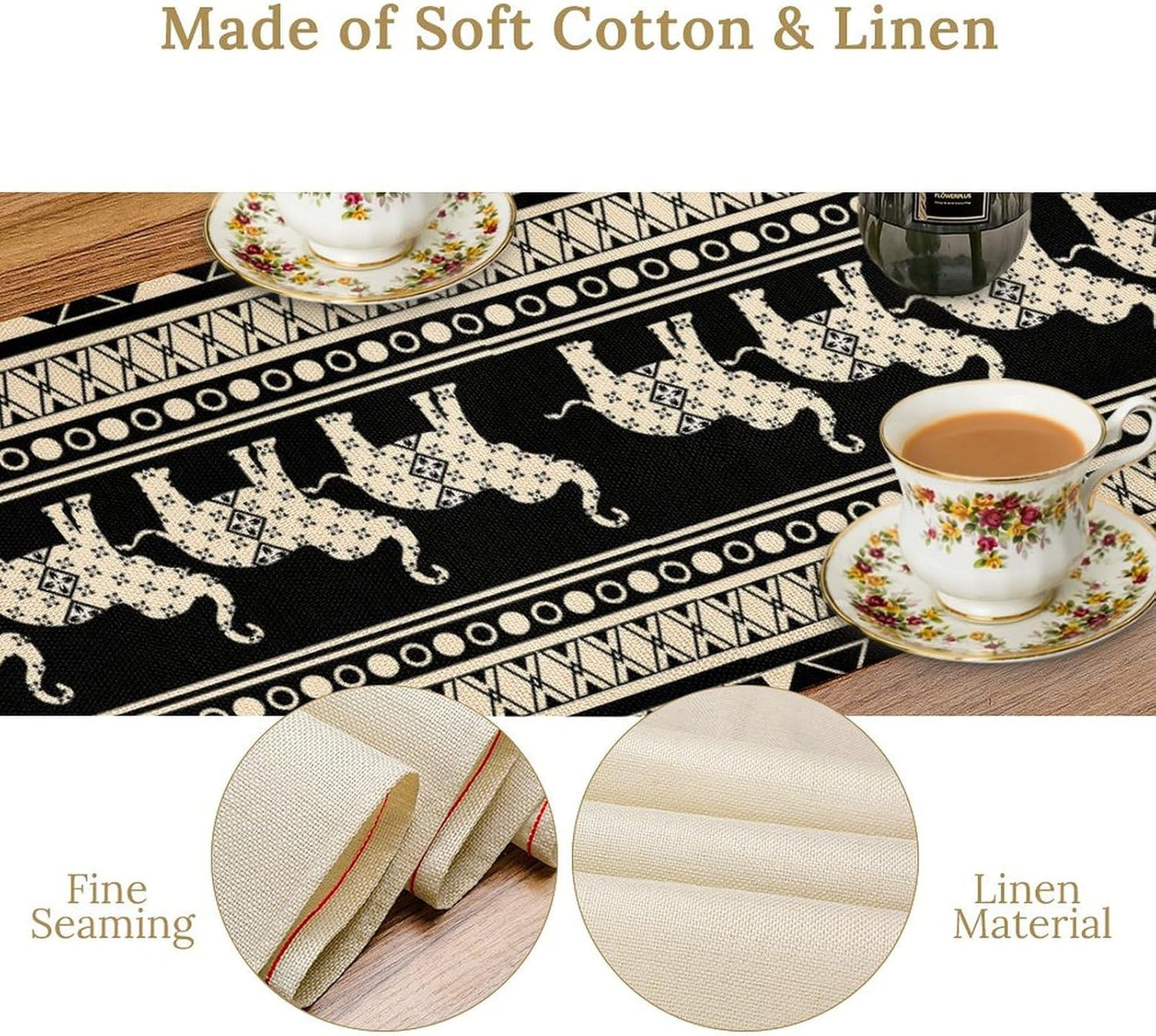 Ethnic Table Runner, Rustic Farmhouse Boho Geometric Elephant Aztec Tribal Print Black Table Center Decor for Home Kitchen Dining Patio Holiday Party Indoor Outdoor Table Decorations, 13"x72" Inch