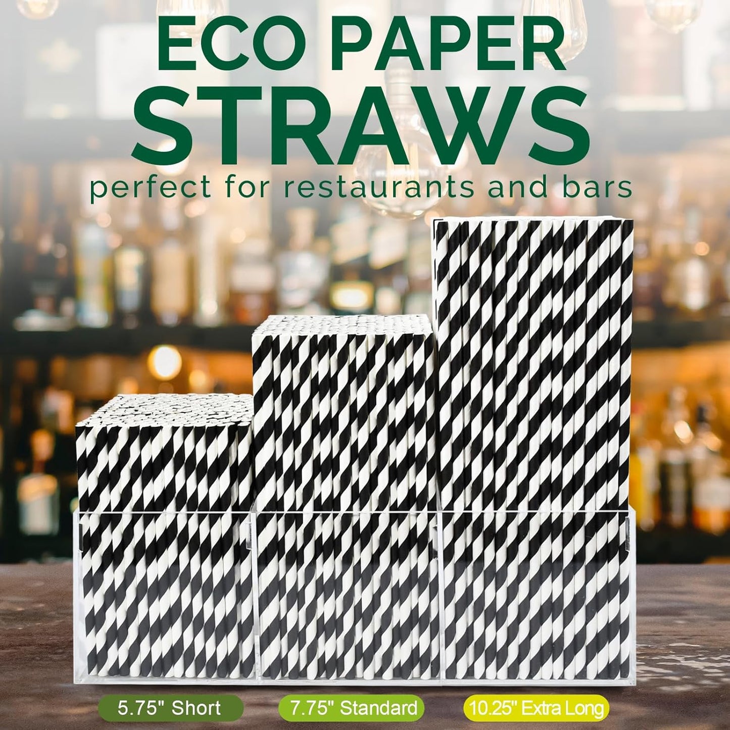 10.25" Long Disposable Paper Drinking Straws, 0.24" Diameter - Black/White Striped, Pack of 100