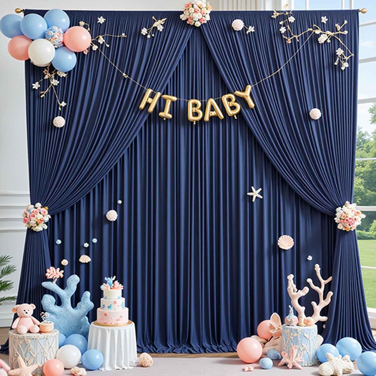 30×14ft Wrinkle Free Navy Blue Backdrop Curtain for Wedding Parties,6 Panels 5×14ft Height Soft Silky Polyester Photo Backdrop Drapes Curtains for Birthday Photography Stage Events Background Cloth