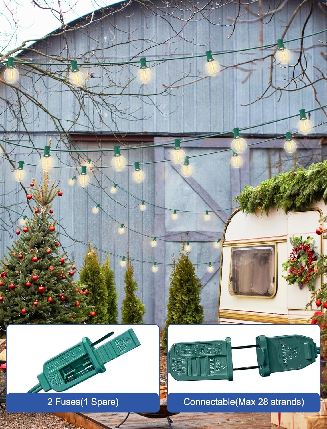 SUNSGNE 25Ft Round Christmas Lights Outdoor, G40 Globe String Lights with 27 LED Clear Lights(2 Spare), Green Wire String Lights for Yard Patio Porch Tent Pergola Backyard Christmas Decorations