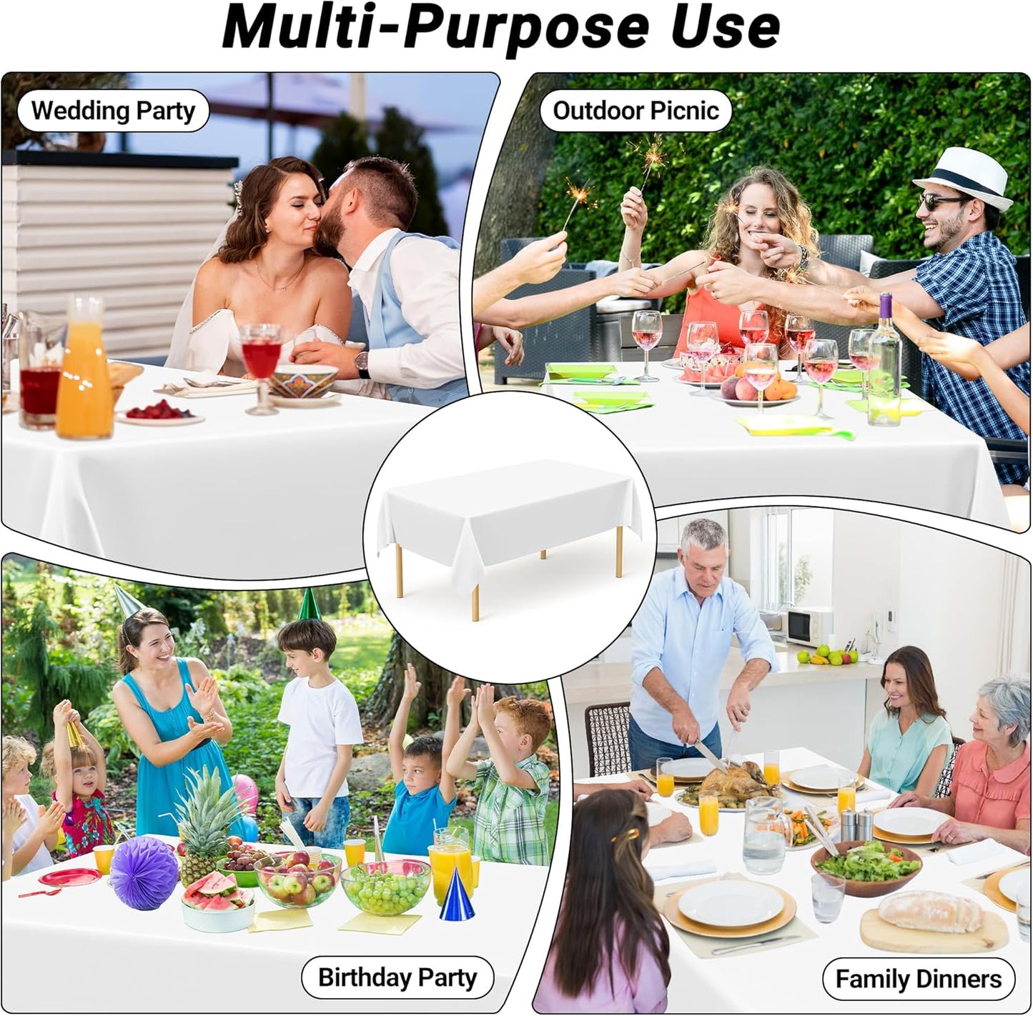 QZYL 12 Packs Disposable White Plastic Table Cloths, 54 X 108 Inches Dining Table Cloth, Plastic Tablecloths for Rectangle Tables, Quick Setup and Cleanup for Parties Picnic, Wedding and Outdoor