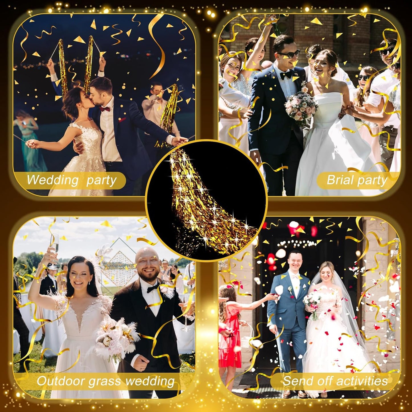 100 Pcs Wedding Fairy Wands with Bells Foil Tinsel Ribbon Stick Wands Tinsel Party Streamers with Bell Glittery Bridal Wedding Send Off Ideas Holiday Celebration (Golden)