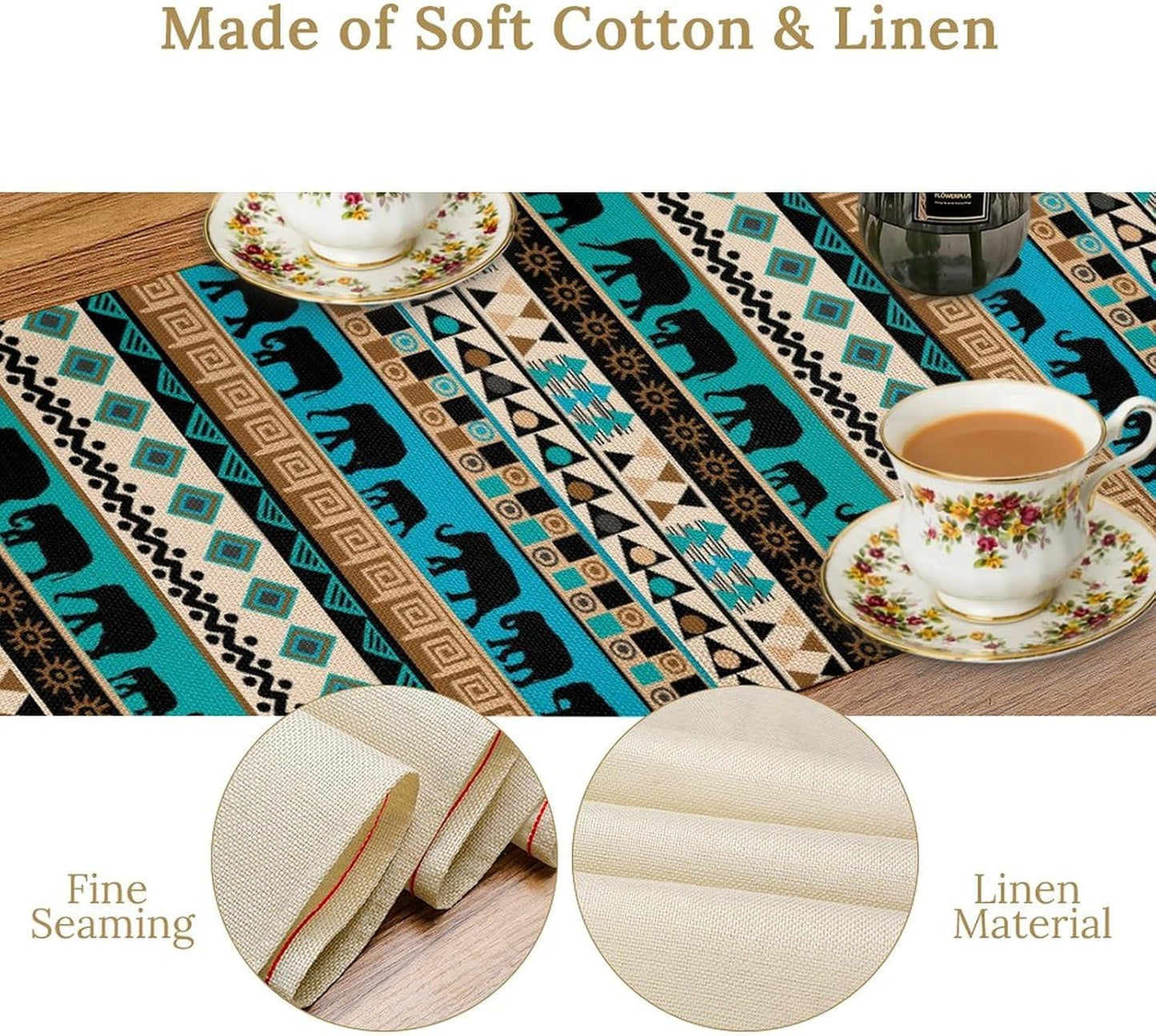 Boho Table Runner, Rustic Aztec Blue Teal African Elephant Tribal Ethnic Native Farmhouse Table Center Decor For Home Kitchen Dining Patio Holiday Party Indoor Outdoor Table Decorations, 13"x108" Inch